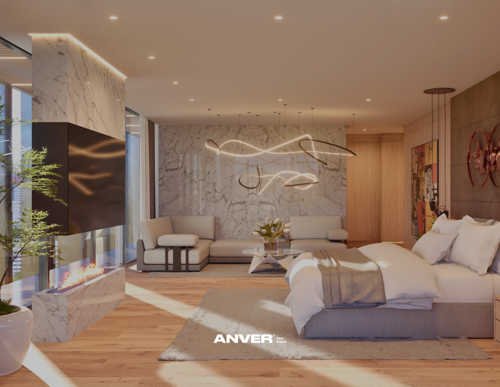 Sala moderna con chimenea, sillas blancas, sofá en tonos beige, iluminación decorativa en forma de línea en la pared de mármol, flores blancas en mesa de centro, habitación con cama y arte en pared, suelo de madera y decoraciones coloridas.