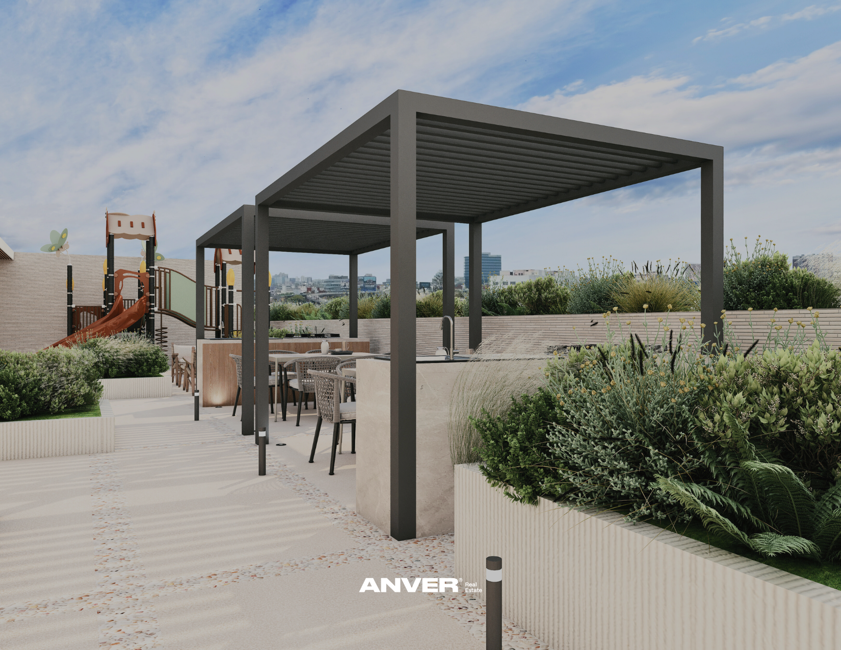 Ático moderno con zona de comedor, áreas de descanso y un parque infantil, rodeado de plantas y con vista a la ciudad.