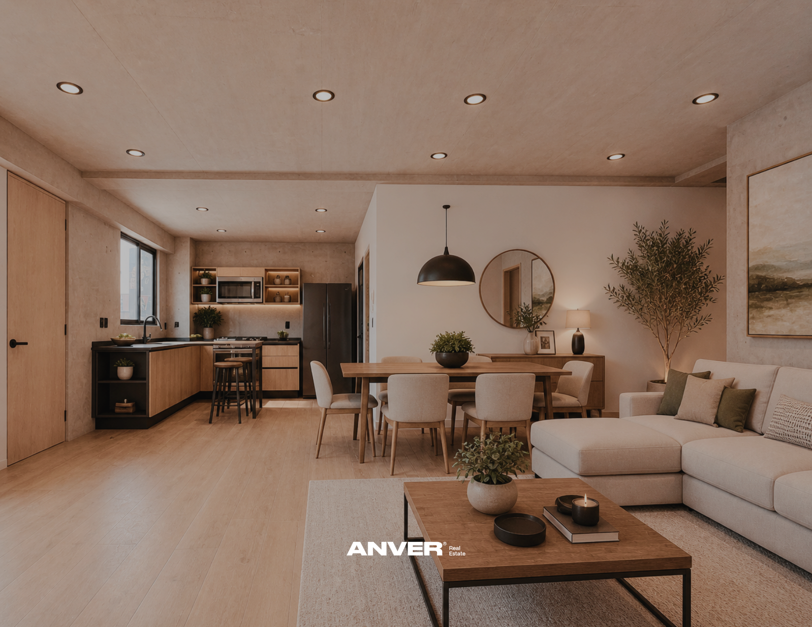 Sala de estar y comedor con muebles en tonos neutros, decoración moderna y plantas decorativas, cocina en el fondo con electrodomésticos de acero inoxidable y estanterías de madera.