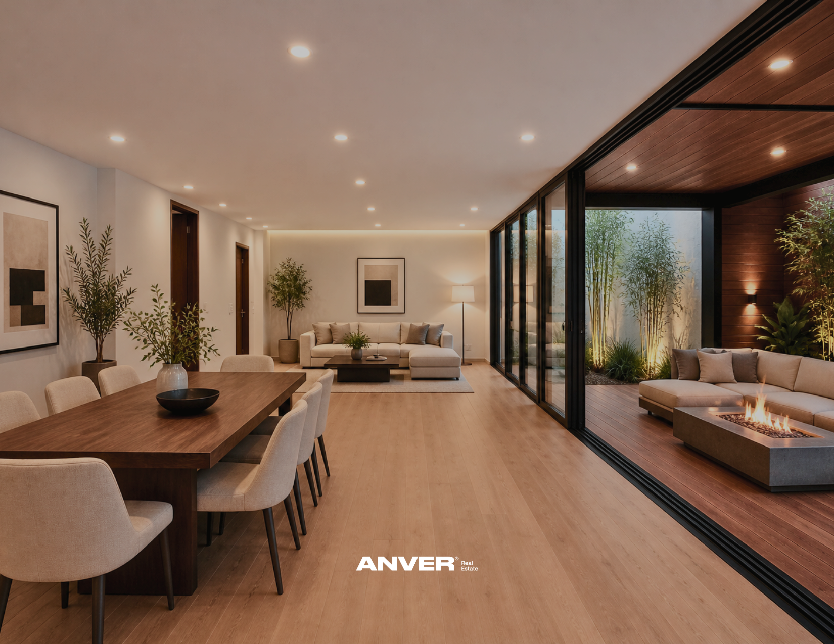 Sala de estar moderna con comedor y área exterior con chimenea