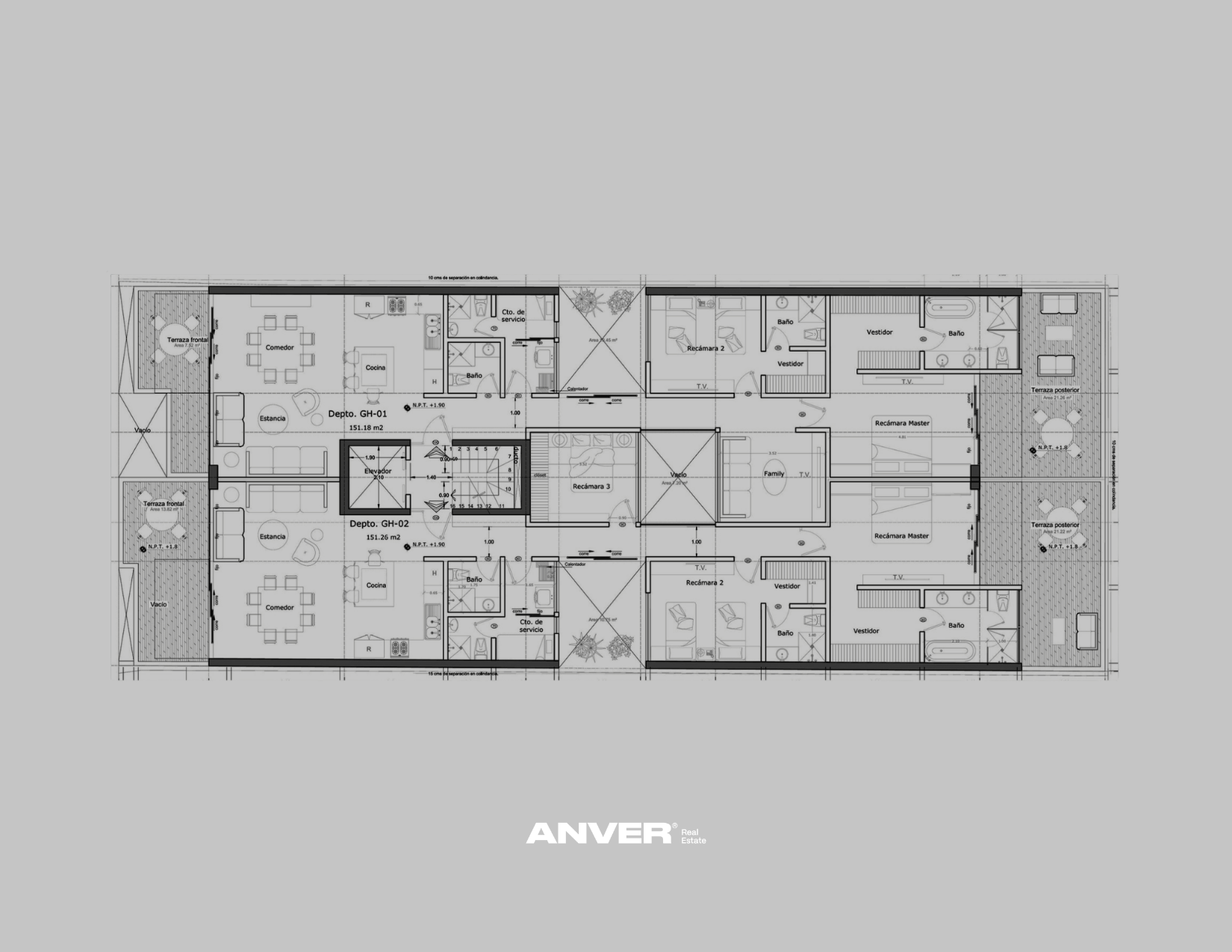 Plano arquitectónico de un edificio de departamentos, mostrando áreas comunes, habitaciones, baños, cocinas y terrazas, con detalles de distribución y dimensiones.