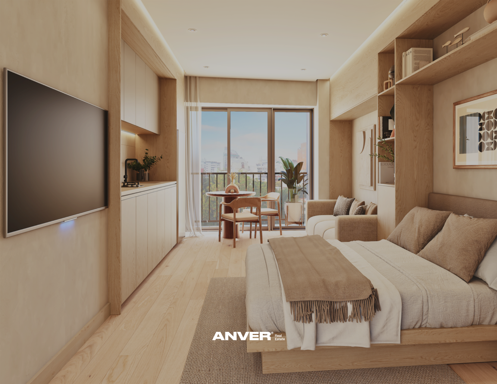 Sala de estar con cama, sillón, mesa redonda con sillas, televisión y ventanales que dejan entrar luz natural, decorada en tonos neutros y madera.