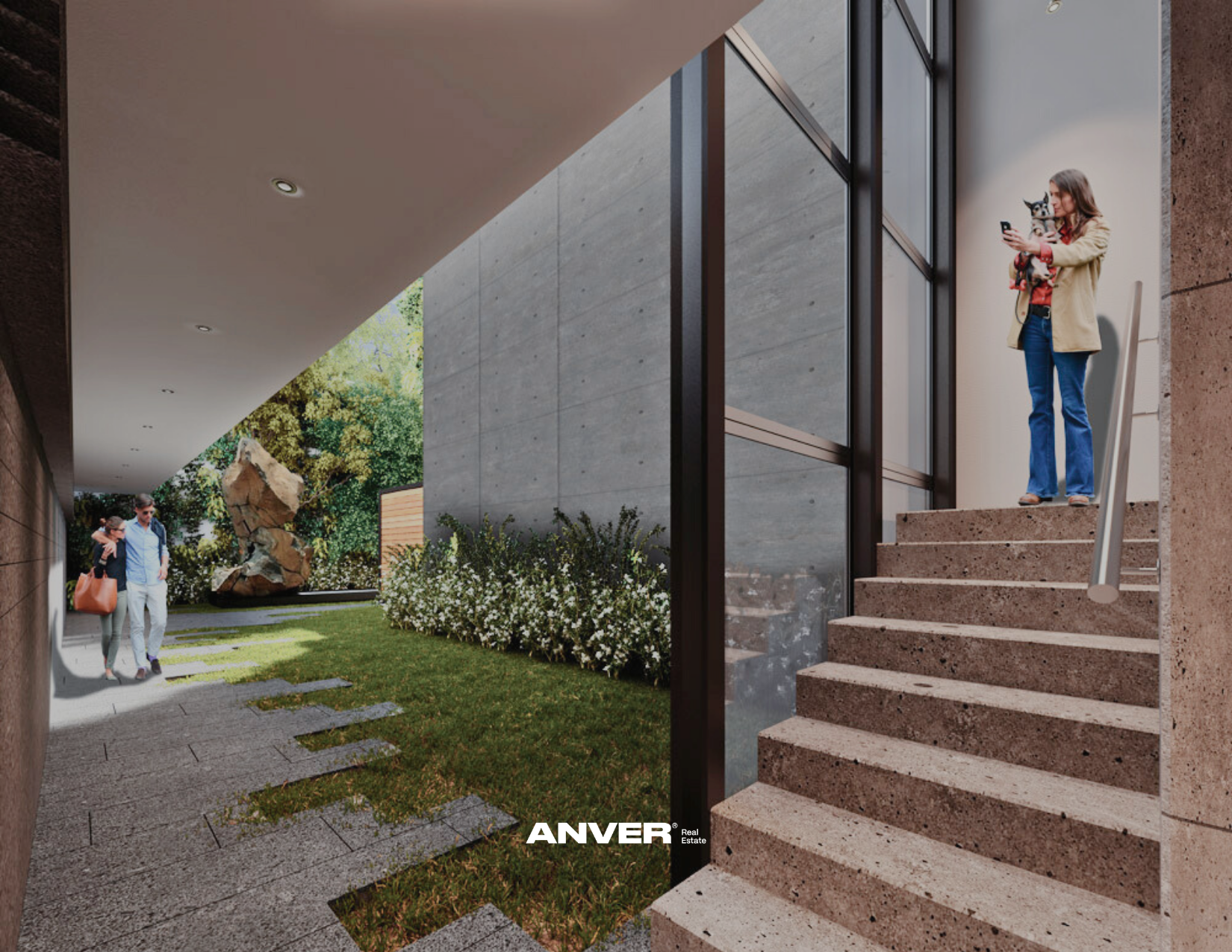 Personas en escaleras internas y un grupo de dos personas en el exterior de un edificio modernista con jardines, árboles y una escultura de piedra.
