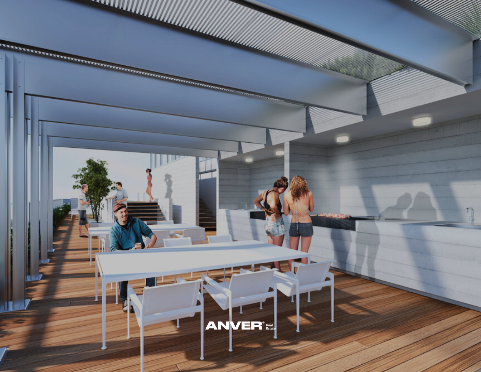 Área de estar en la azotea con mesas, sillas blancas y una barra de preparación de alimentos y bebidas. Personas socializando, una joven en bikini y shorts, un hombre con chaqueta, y otros en el fondo cerca de una planta y escaleras. Techos metálicos y suelo de madera. 