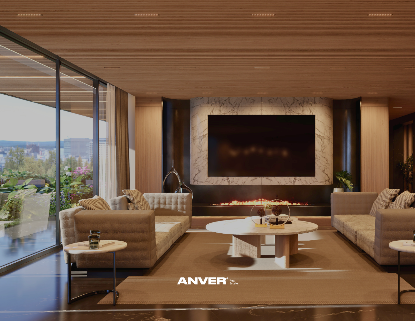 Sala moderna con sillones beige, mesa redonda de mármol, chimenea eléctrica y televisión grande en la pared, con ventana grande al lado y vistas a un jardín y ciudad