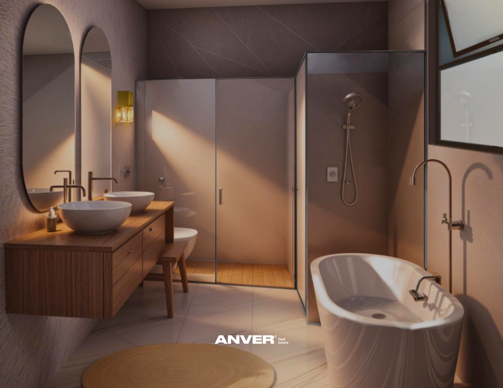 Un baño moderno con lavabo de madera, dos vasos de cerámica, espejo ovalado, ducha y tina, con ventana y paredes de tonos cálidos.