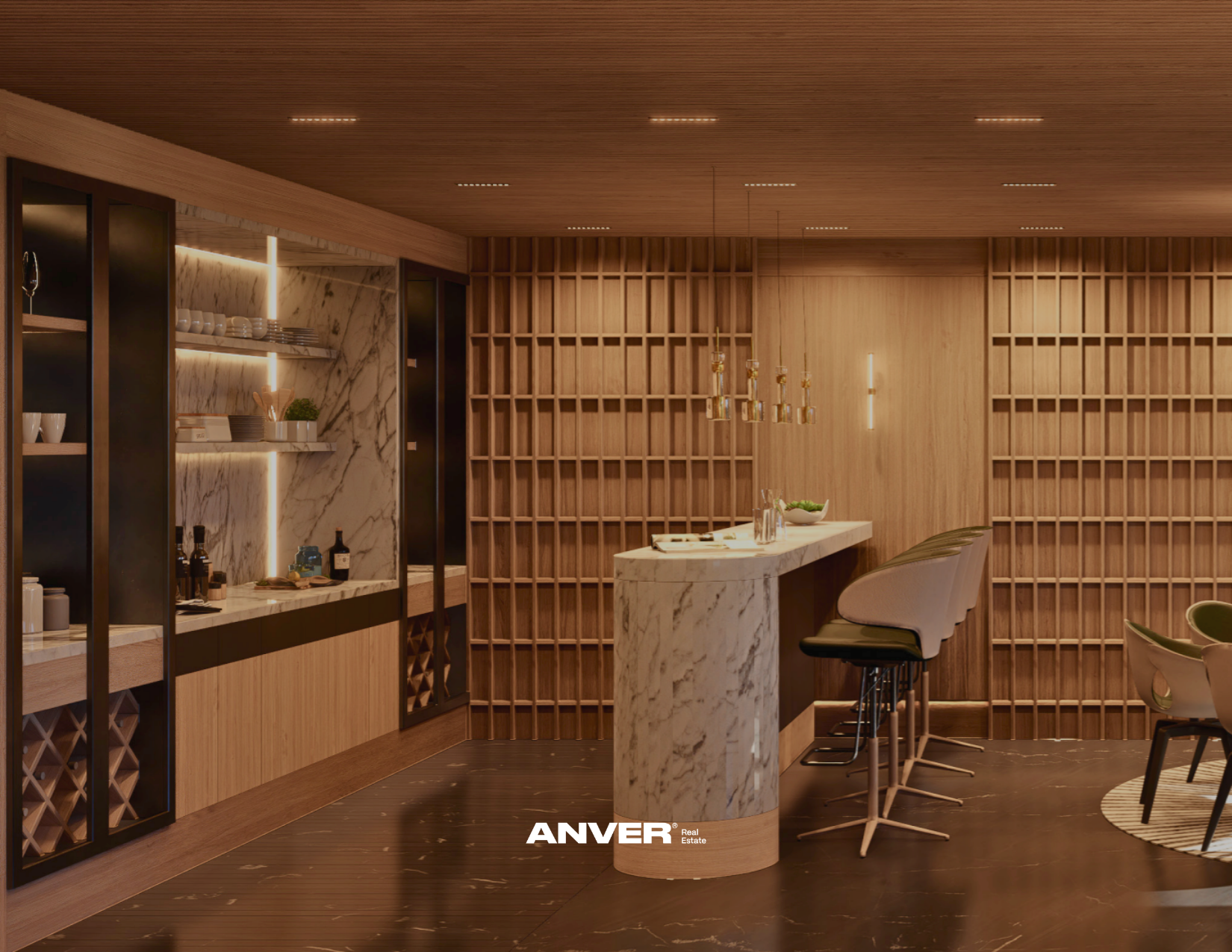 Interior moderno de bar con paredes de madera, estanterías y un mostrador de mármol con bebidas y utensilios. Mesas y sillas blancas y verdes, decorado cálidamente.