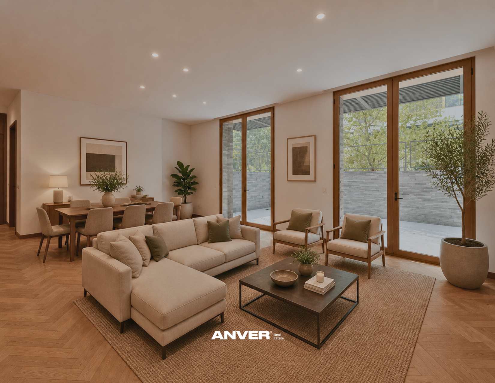 Sala de estar con sillones beige, mesa de centro negra, plantas y ventanas grandes con vista al patio, decorada con cuadros y lámparas.