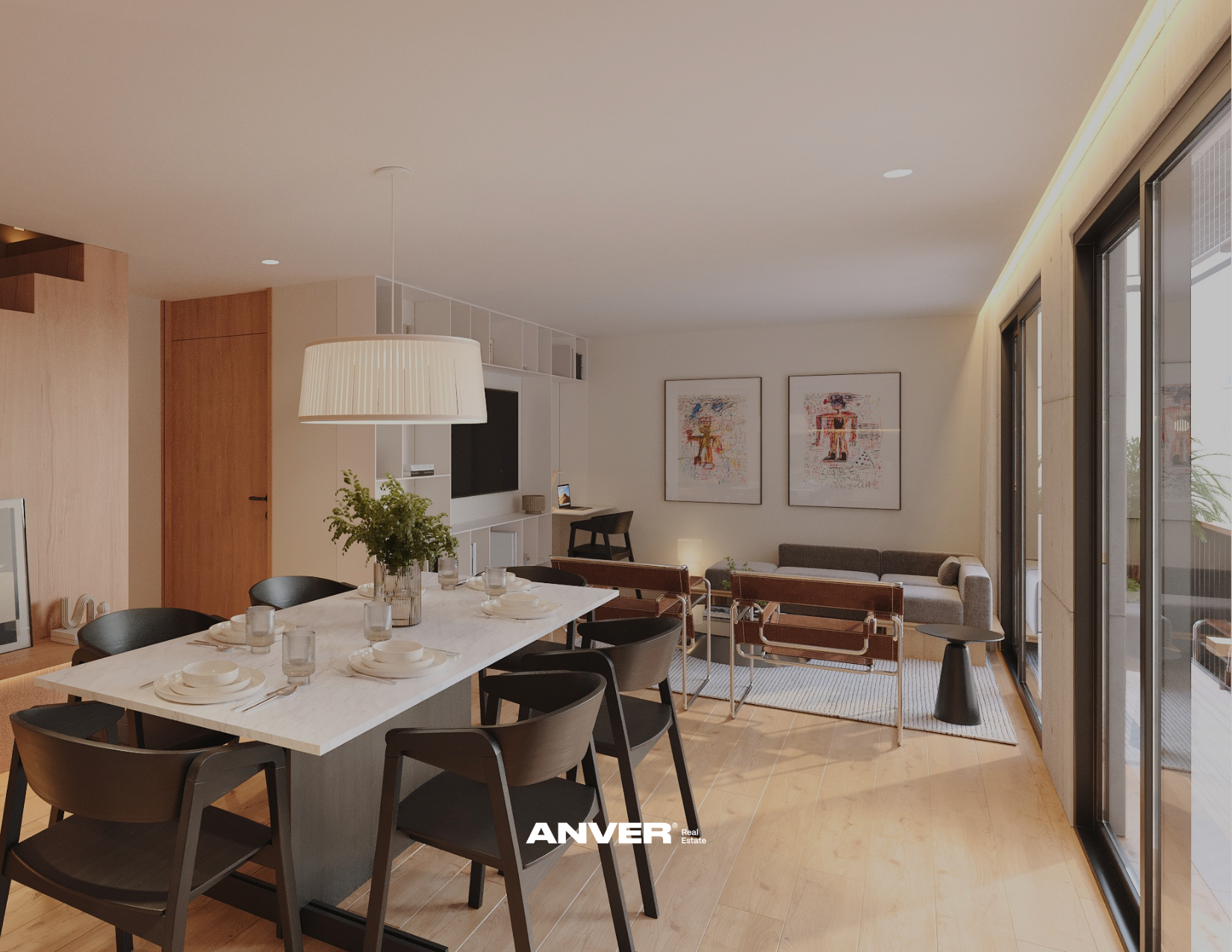 Interior de sala y comedor moderna con mesa, sillas negras, sofá gris, arte en las paredes y ventanas grandes con vista exterior.
