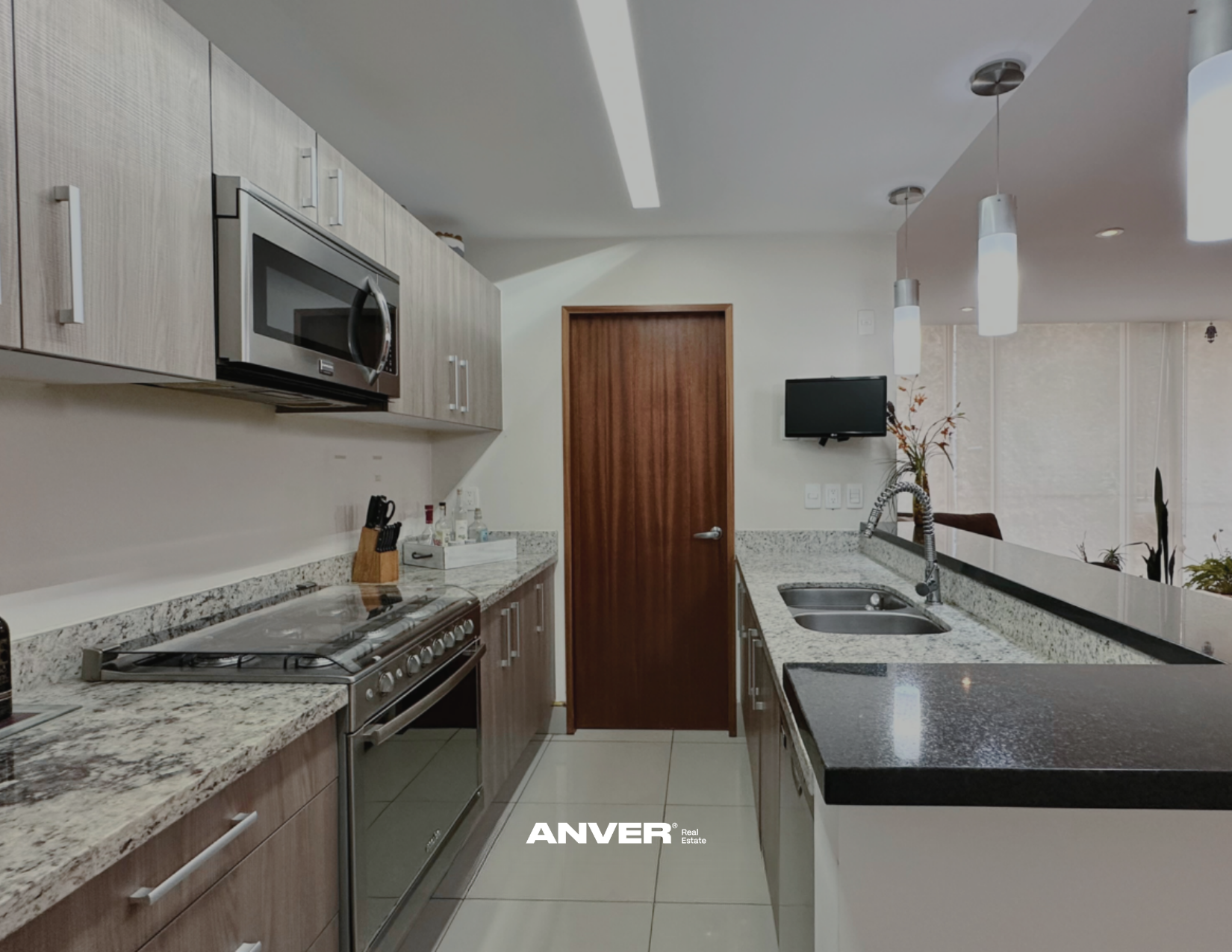 Cocina moderna con gabinetes de madera clara, estufa, microondas, fregadero doble, y una televisión en la pared, decorada con plantas y luces colgantes.