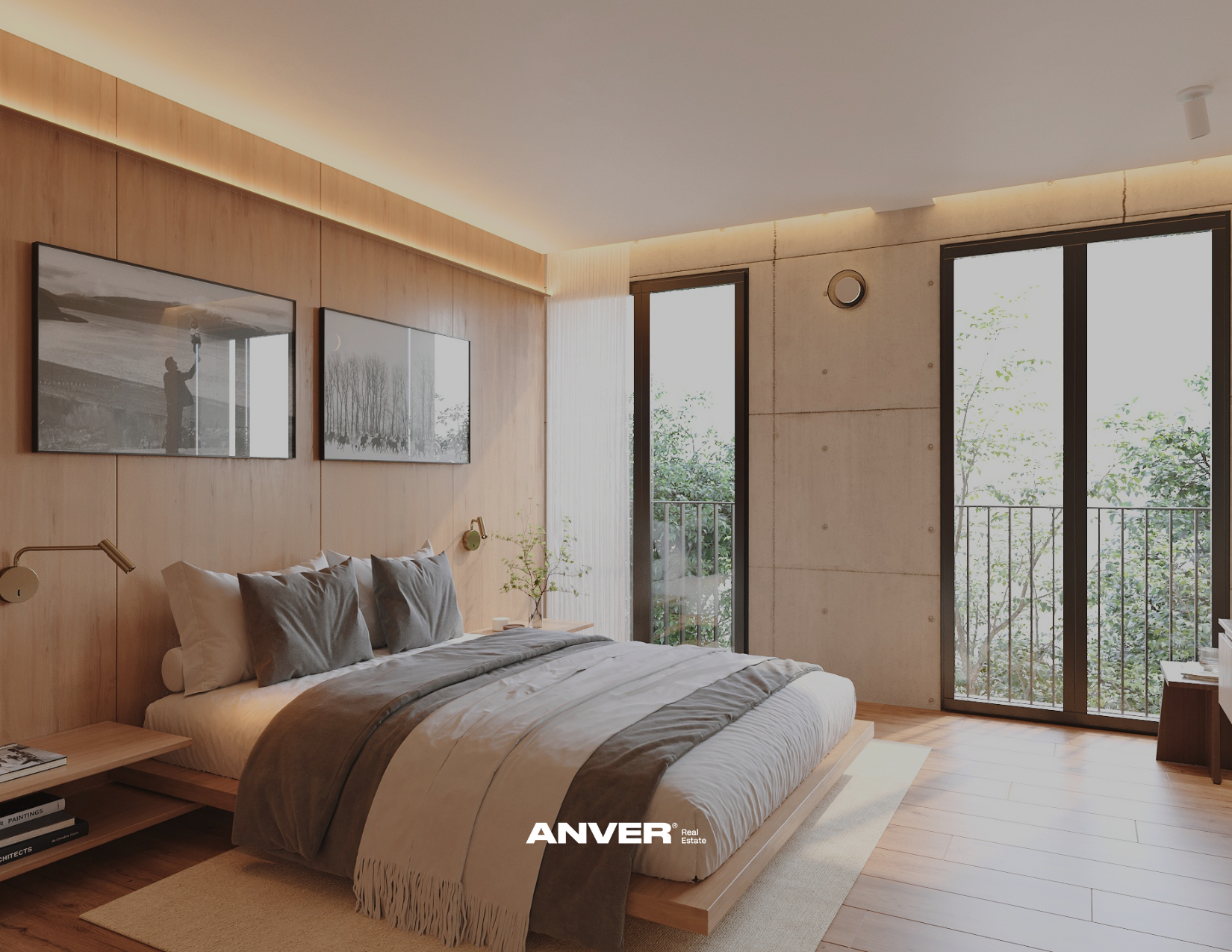 Habitación moderna con cama grande, paredes de madera, ventanas grandes con vista a árboles, decorada con arte en blanco y negro y plantas verdes.