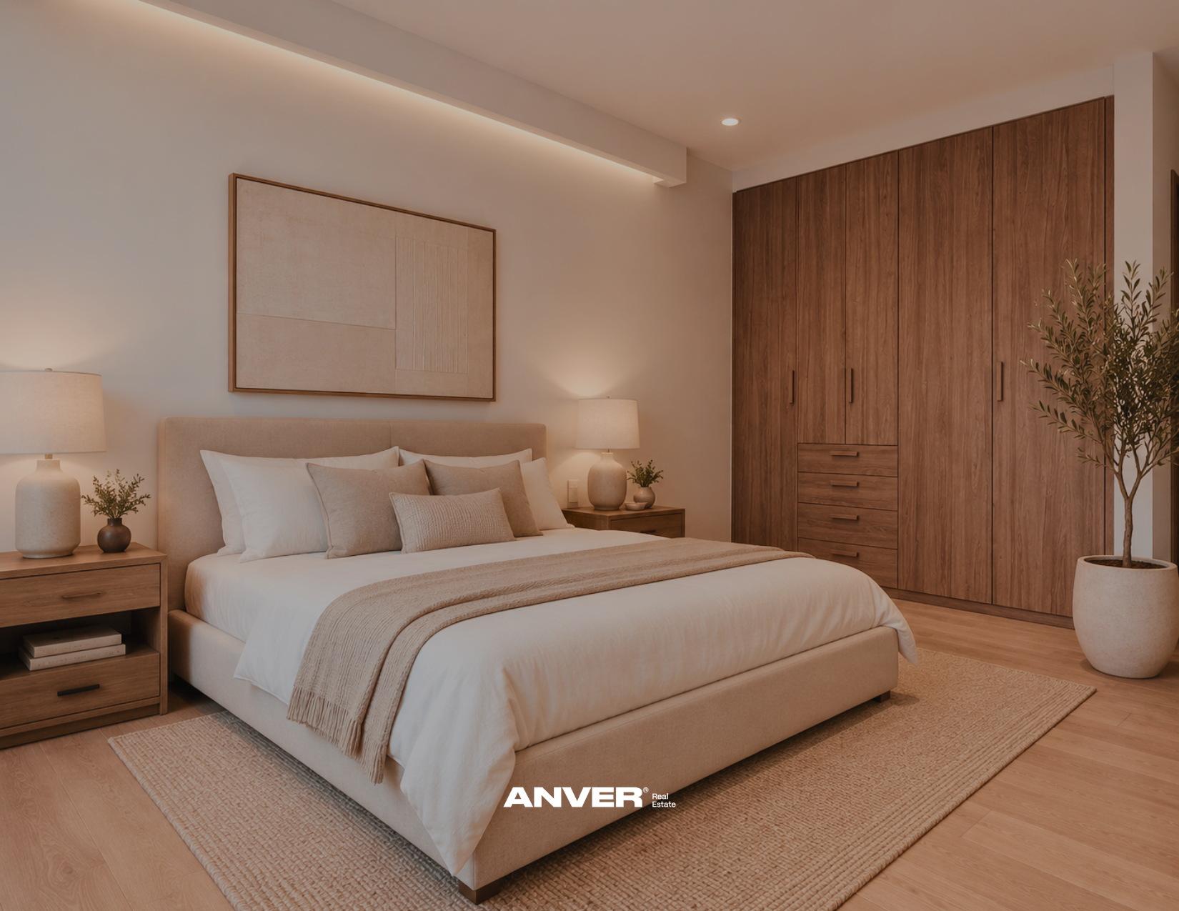 Dormitorio moderno con cama grande, mesitas de noche con lámparas, cuadros en la pared, armario de madera, planta en una maceta grande, decoración en tonos beige y madera.