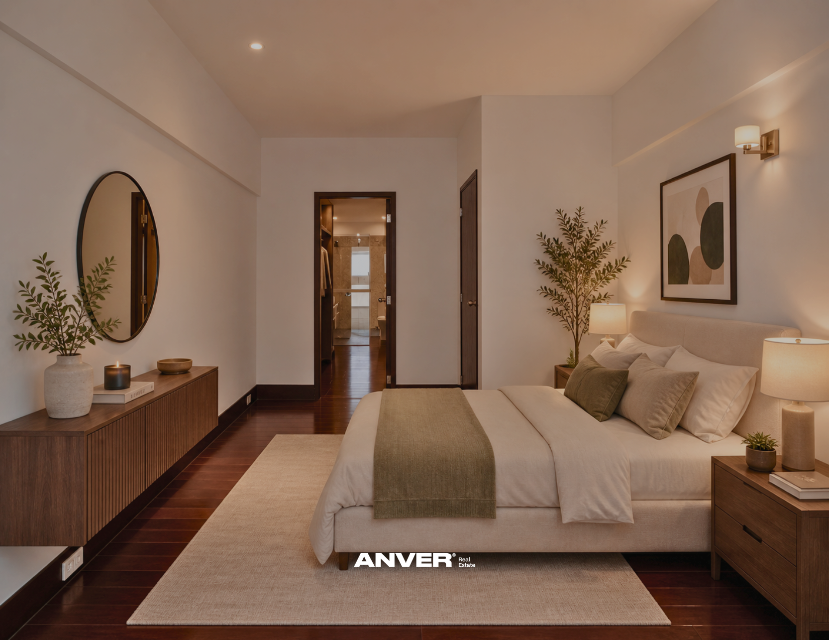 Dormitorio con cama, lámparas, cuadro abstracto, plantas, espejo y armario con puertas de madera.