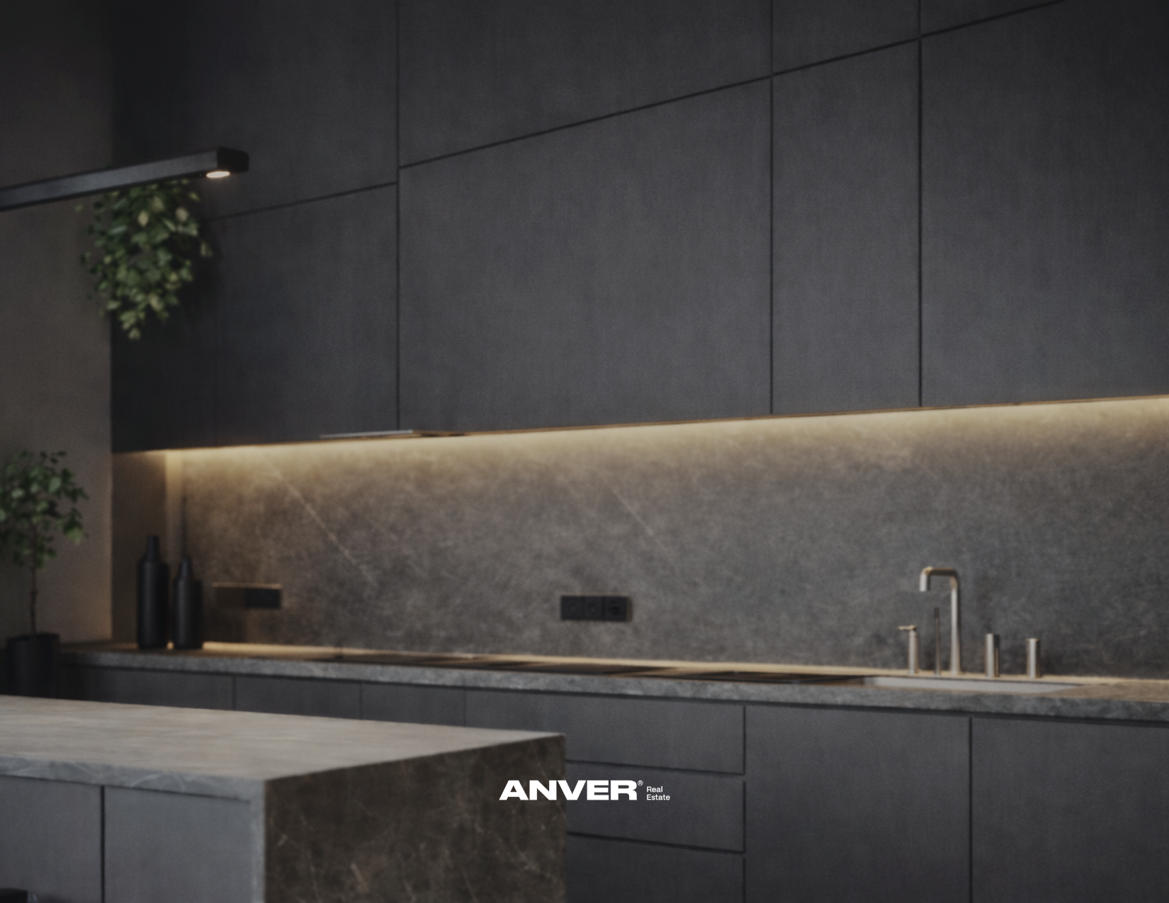 Cocina moderna con gabinetes oscuros, encimera de piedra, grifo de acero inoxidable y poca decoración, con un diseño minimalista y luminarias empotradas.