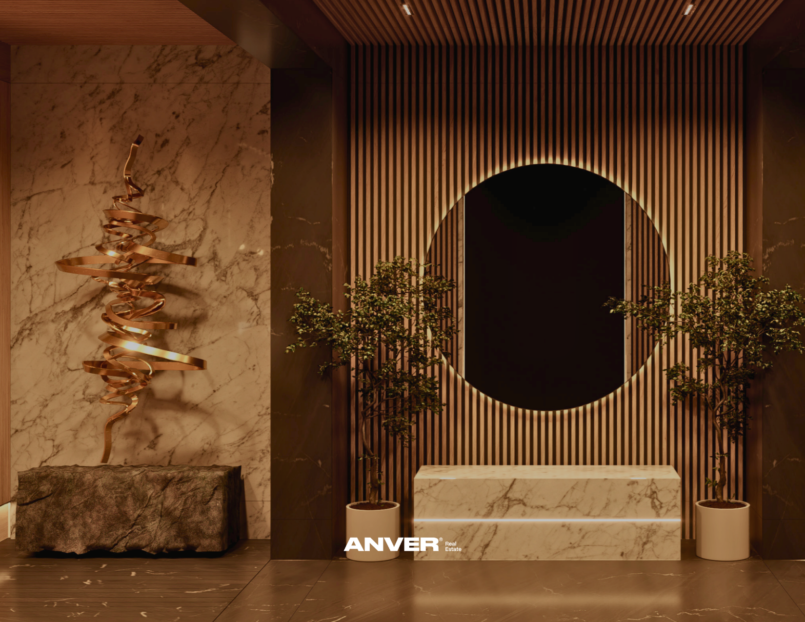 Decoración moderna en un vestíbulo con paredes de mármol, un muro de listones de madera con un círculo en el centro, plantas en macetas blancas y una escultura de espiral metálica en forma de árbol