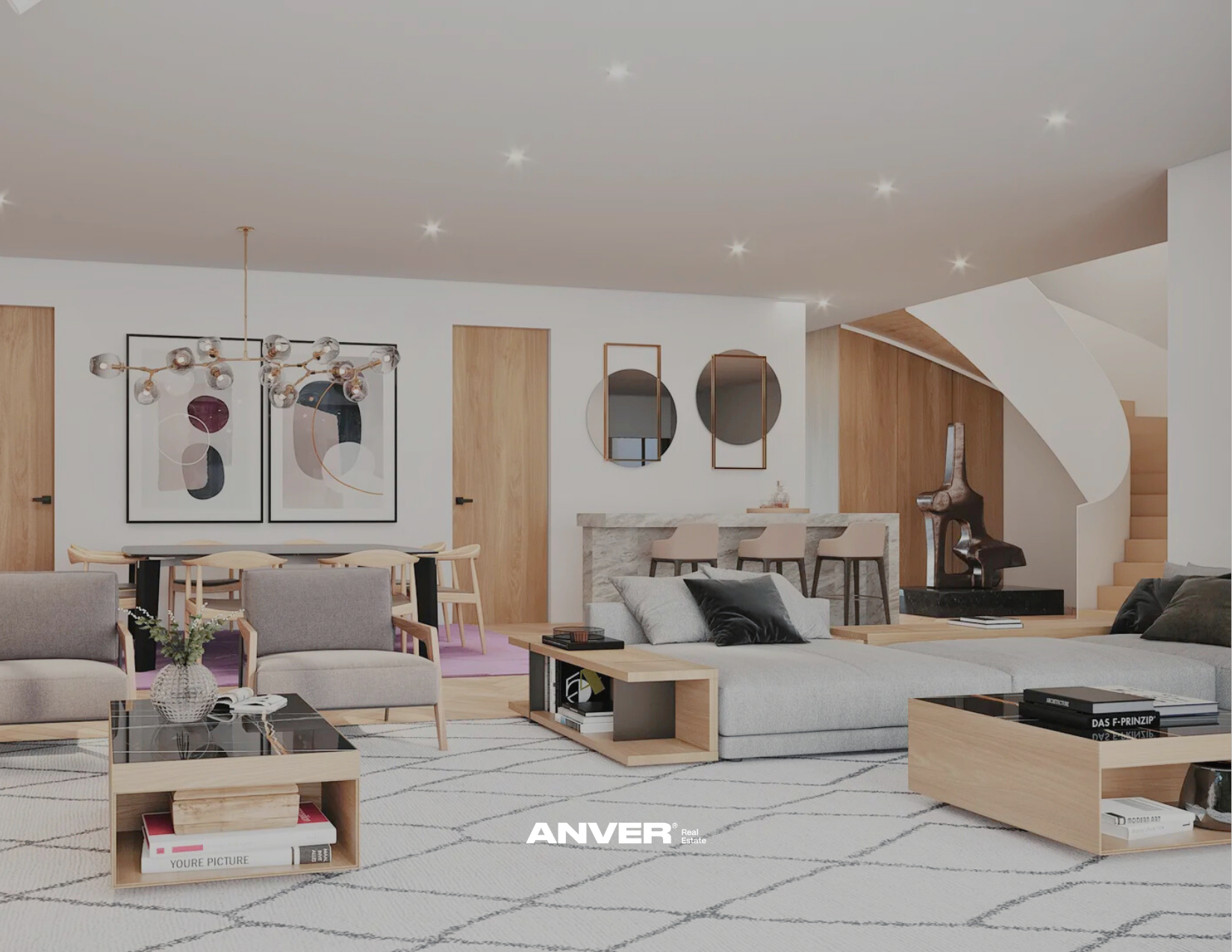 Interior moderno con sala y comedor, muebles de colores neutros, decoraciones abstractas, lámpara moderna, escultura en esquina, paredes blancas con detalles de madera, alfombra con líneas y ventanas grandes.