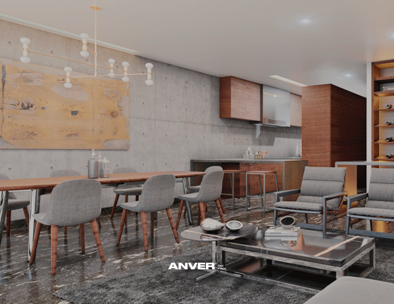 Sala de estar y comedor moderna con mesa de madera, sillas de tela gris, sillones con estructura de madera y cojines grises, paredes de concreto, arte abstracto en la pared, iluminación empotrada y de araña, estantería de vino, y barra de bebidas.