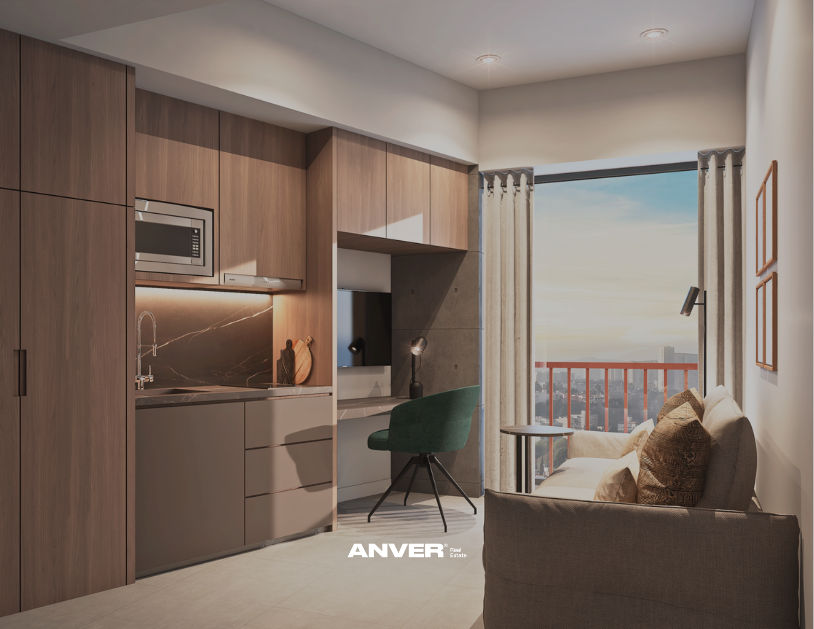 Interior de apartamento con cocina y área de descanso, vista a la ciudad desde un balcón, muebles de madera, sillón gris, lámparas de escritorio, ventana con cortinas, decoración moderna.
