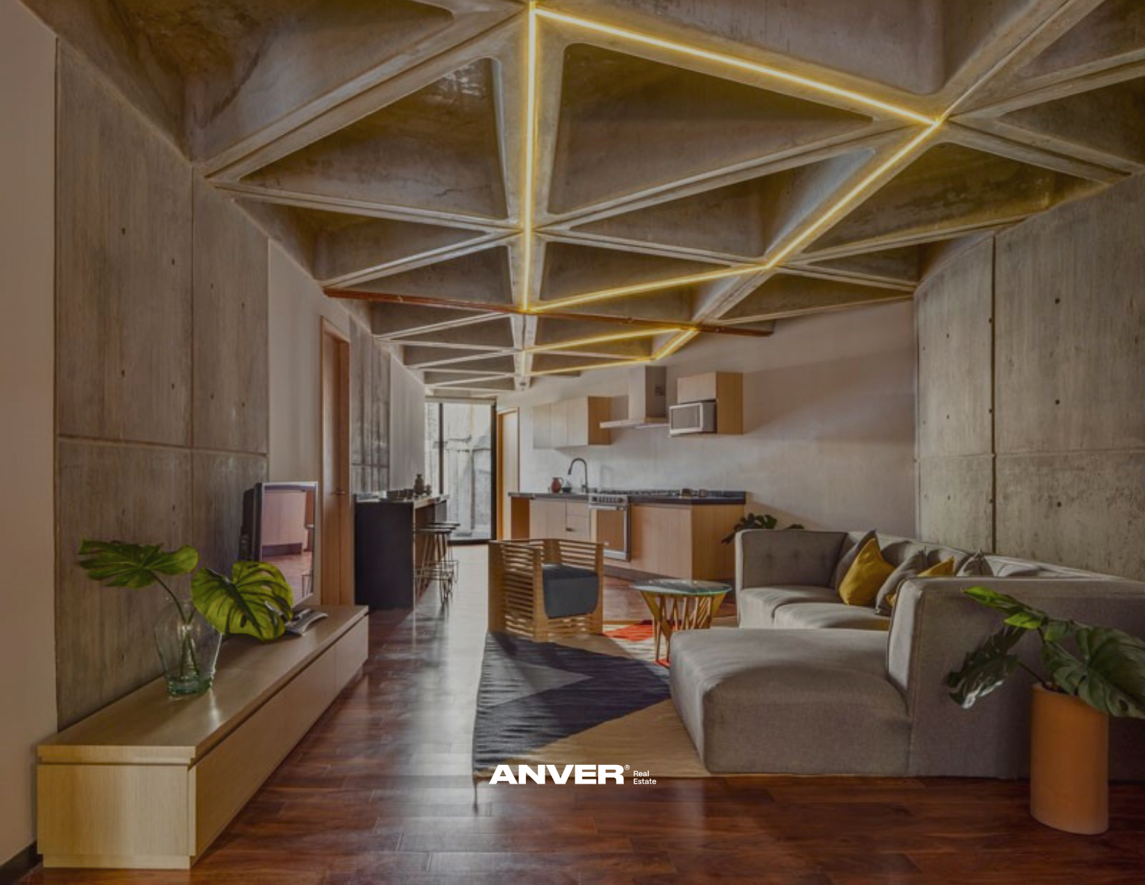 Vista de una sala de estar moderna con paredes de concreto, un sofá gris con cojines amarillos, una mesa de centro y plantas verdes, en un espacio con diseño industrial y cocina en el fondo.