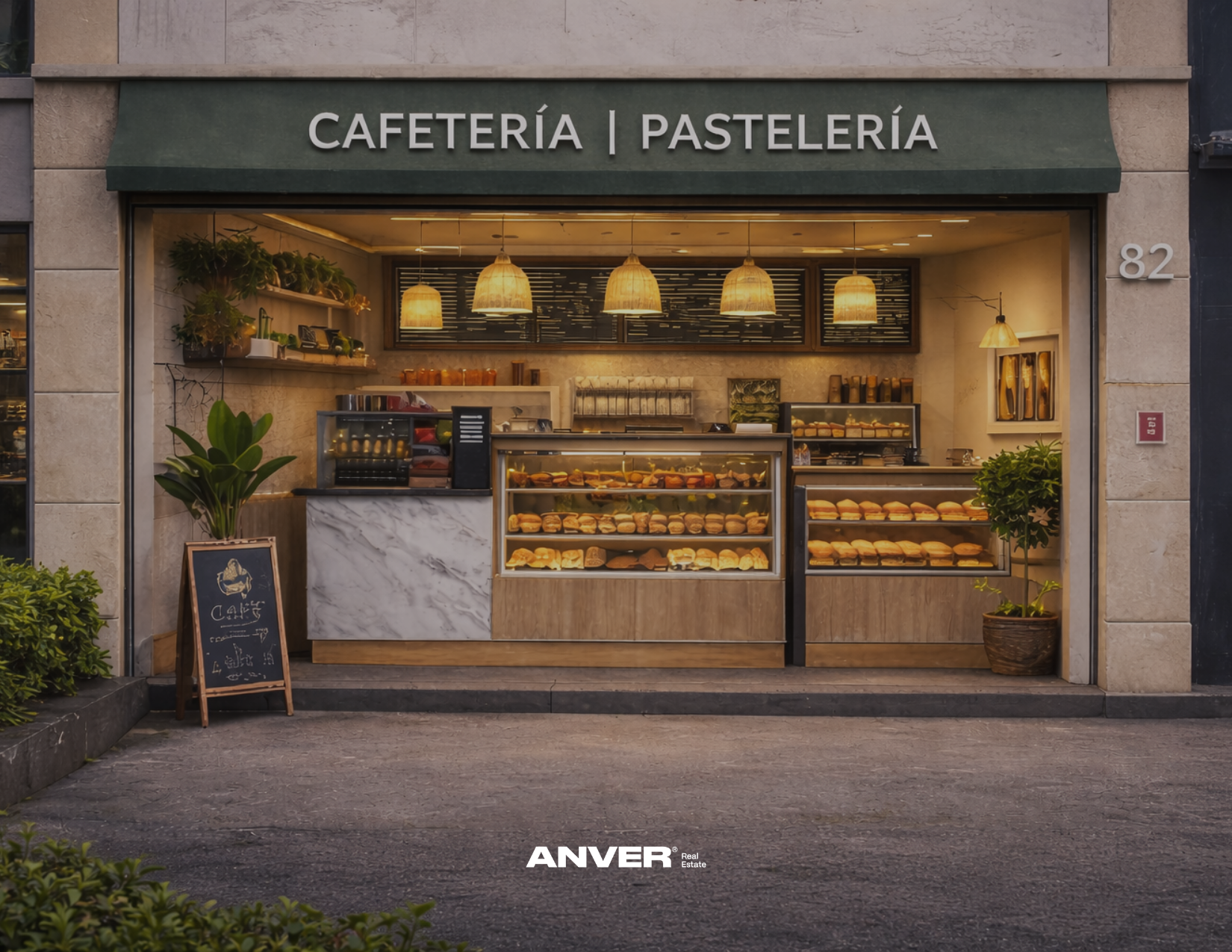Vista frontal de una cafetería y pastelería en la calle con vitrinas llenas de panes y sándwiches delante. La fachada tiene un toldo verde con letras blancas que dicen 'Cafetería | Pastelería'. Hay plantas de interior en las estanterías y un cartel en un caballete señalando promociones. La iluminación es cálida y acogedora.