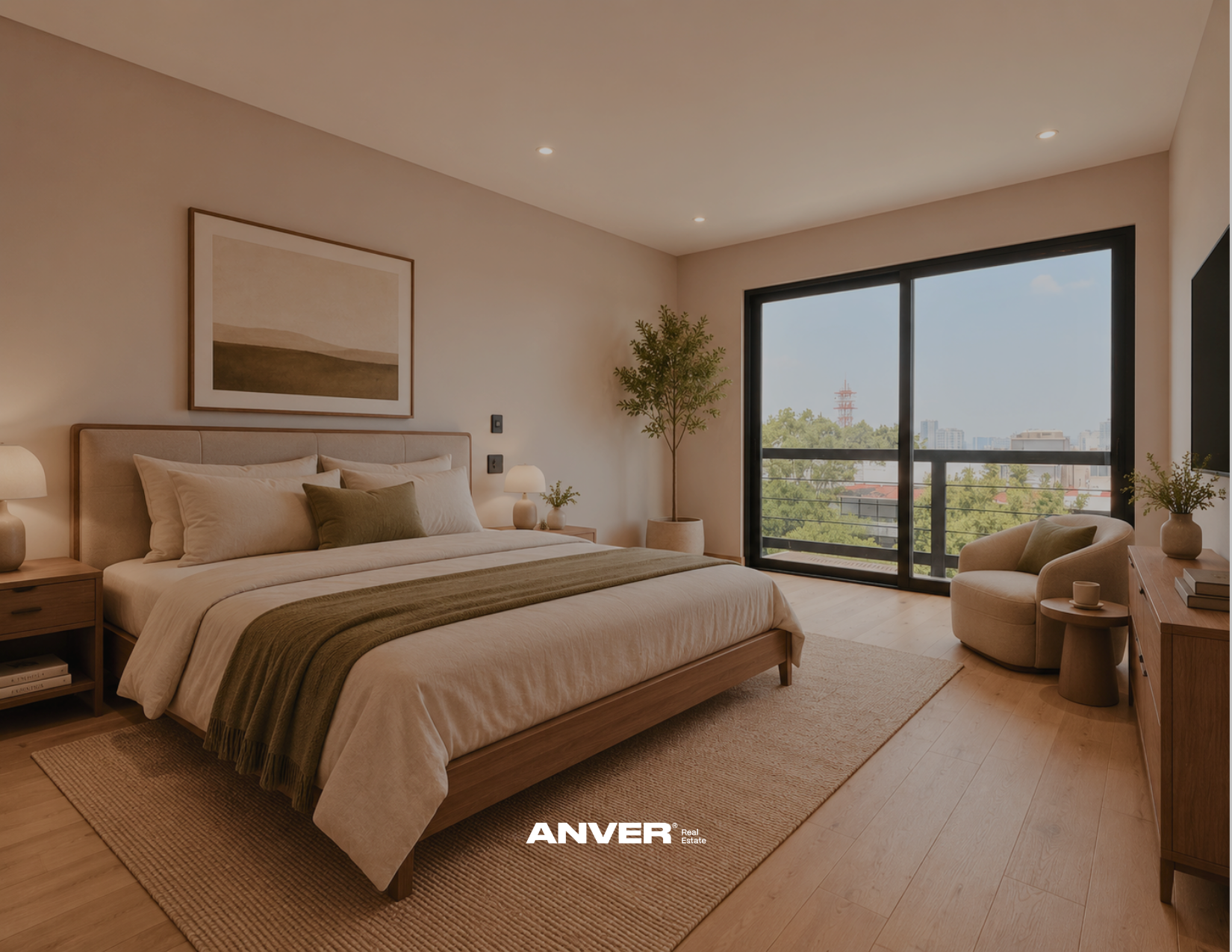 Habitación moderna con cama grande, lámparas de noche, plantas y vista a la ciudad desde un balcón
