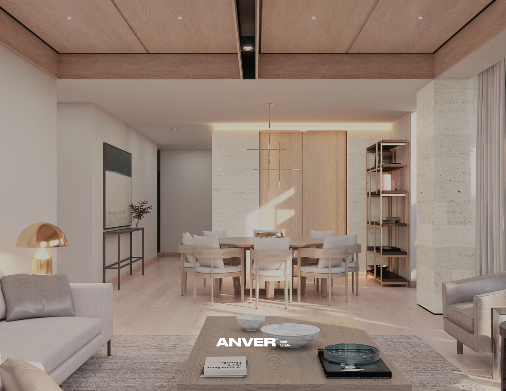 Sala de estar moderna con muebles de madera clara, una mesa redonda con sillas, estantería de madera con libros, paredes blancas, cortinas beige y lámparas de luz cálida, decoración minimalista.