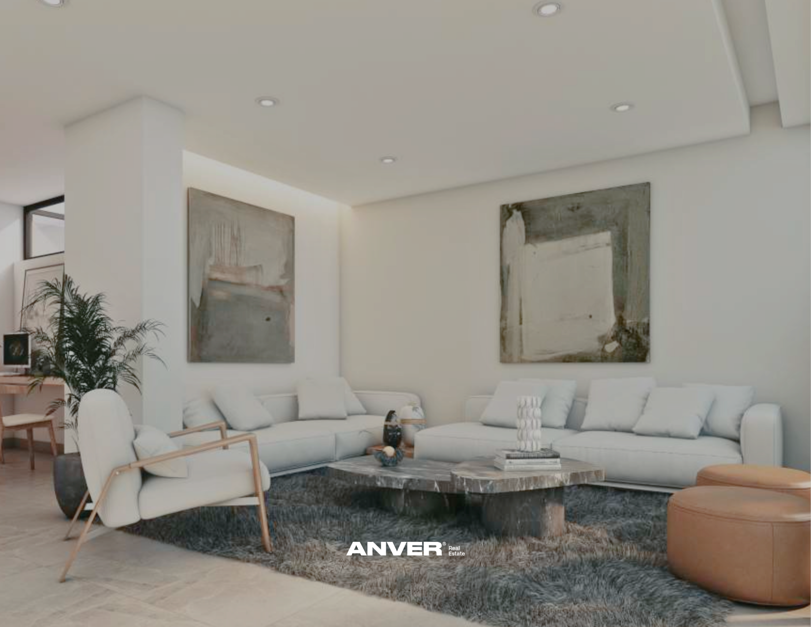 Sala de estar moderna con sofá blanco en forma de semicírculo, mesa de centro de mármol gris, alfombra de piel, pinturas abstractas en las paredes, y una planta en la esquina.