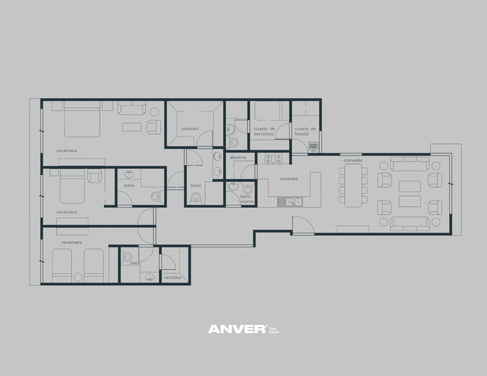 Plano de una casa con varias habitaciones, incluyendo recámaras, baños, una sala de estar, comedor, cocina, y áreas de servicio y almacenamiento.