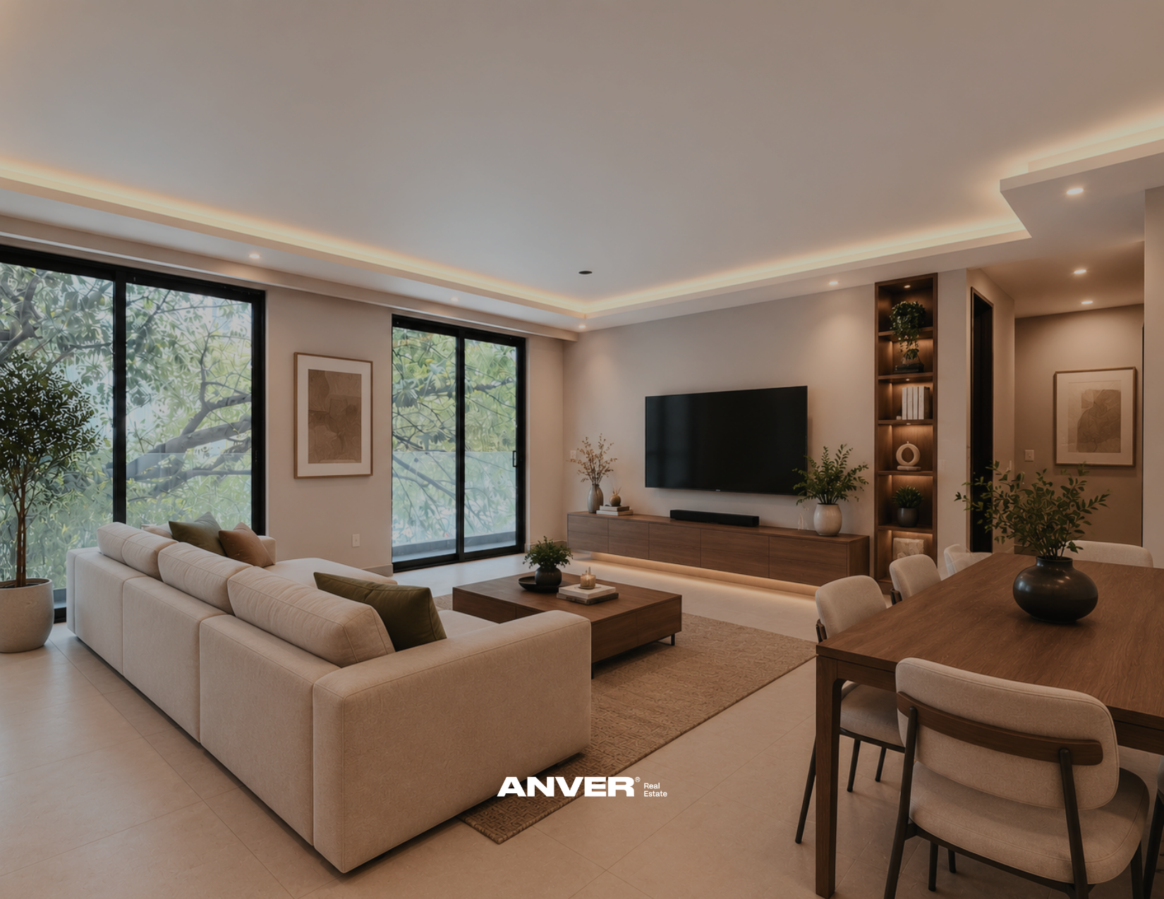 Sala moderna con sofá beige, sillones blancos, mesa de centro de madera, televisión en la pared y ventanas grandes con vista a árboles verdes, decorada con plantas y cuadros.