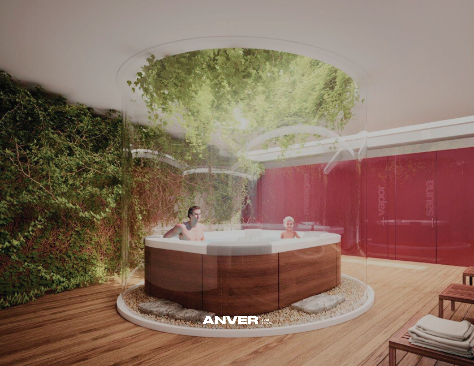 Persona y niña en jacuzzi con pared de plantas y techo de hojas artificiales.