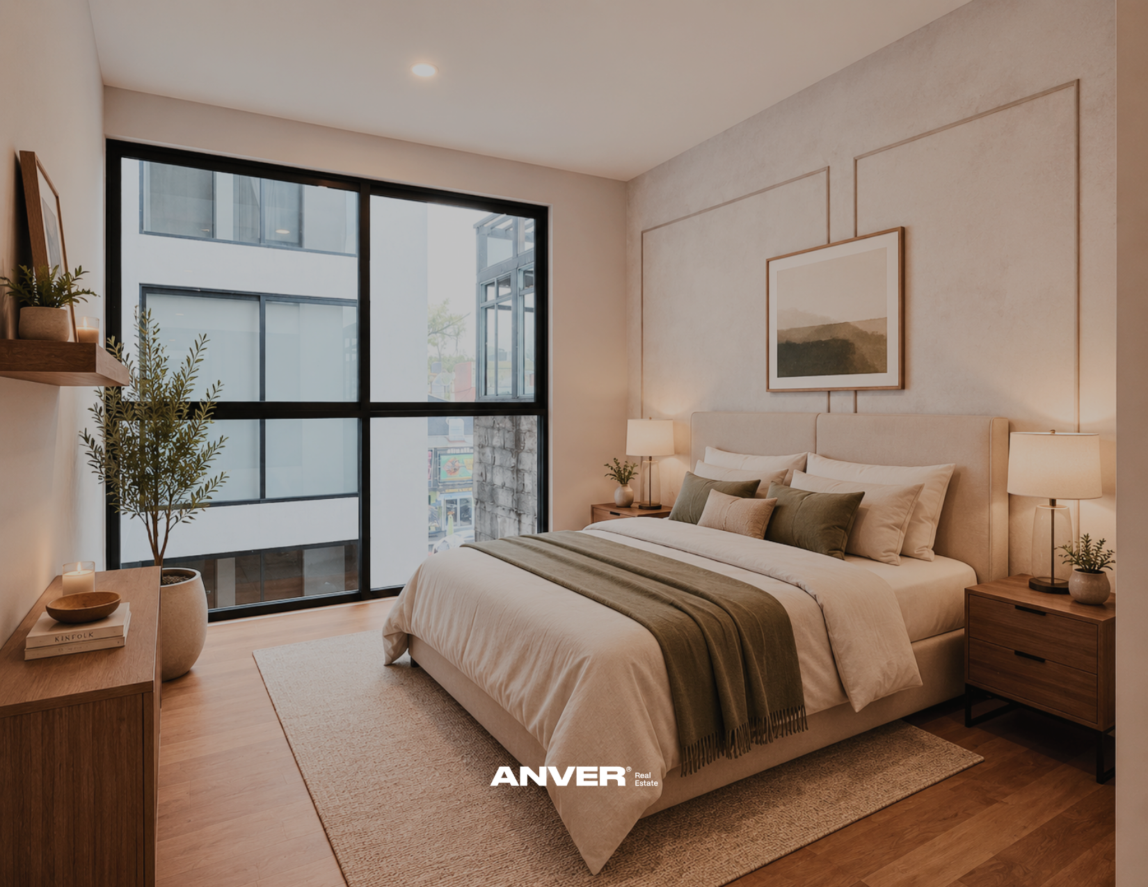 Habitación moderna con cama grande, colchas beige y cojines verdes y beige, escritorios con lámparas y plantas, ventana grande con vista a la ciudad y paredes decoradas con cuadros y líneas decorativas, con luz cálida
