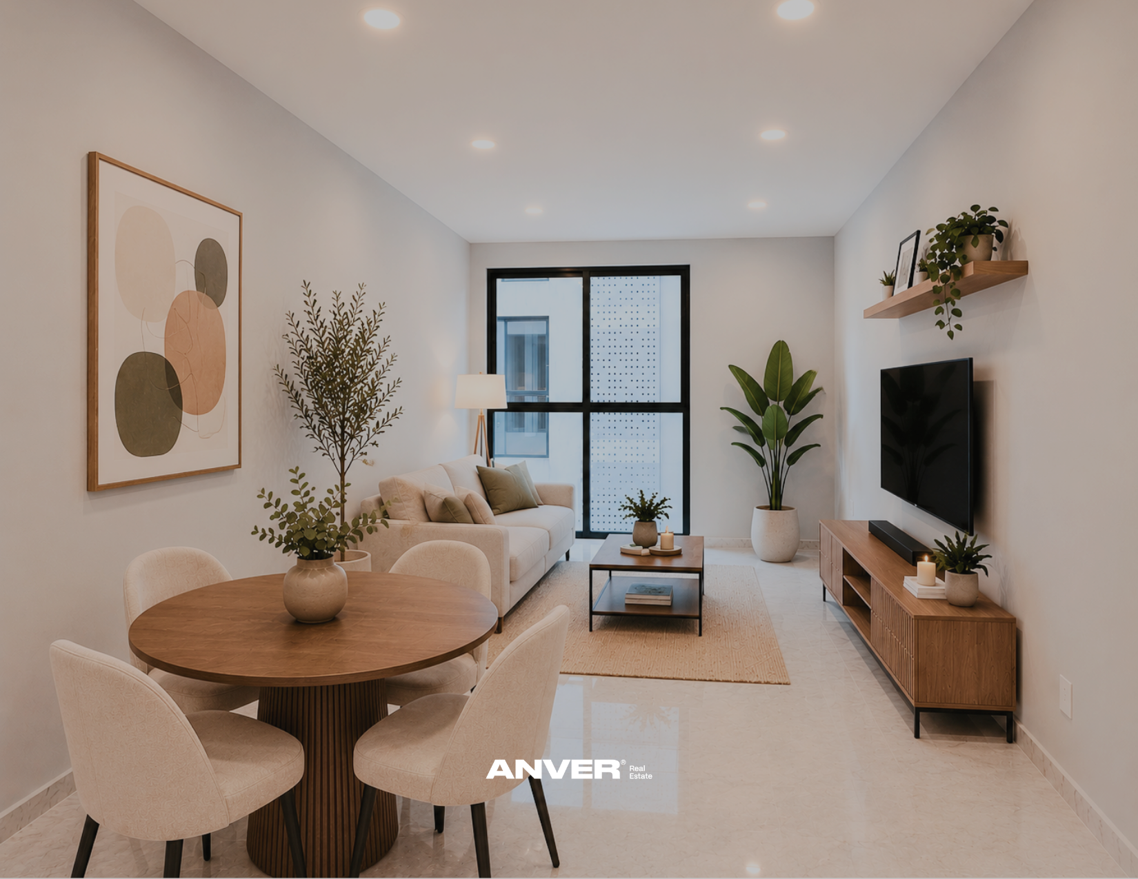 Sala de estar moderna con muebles beige, plantas en macetas, una mesa de comedor redonda de madera y una pared con una televisión y estantes de madera, decorada con cuadros y velas.