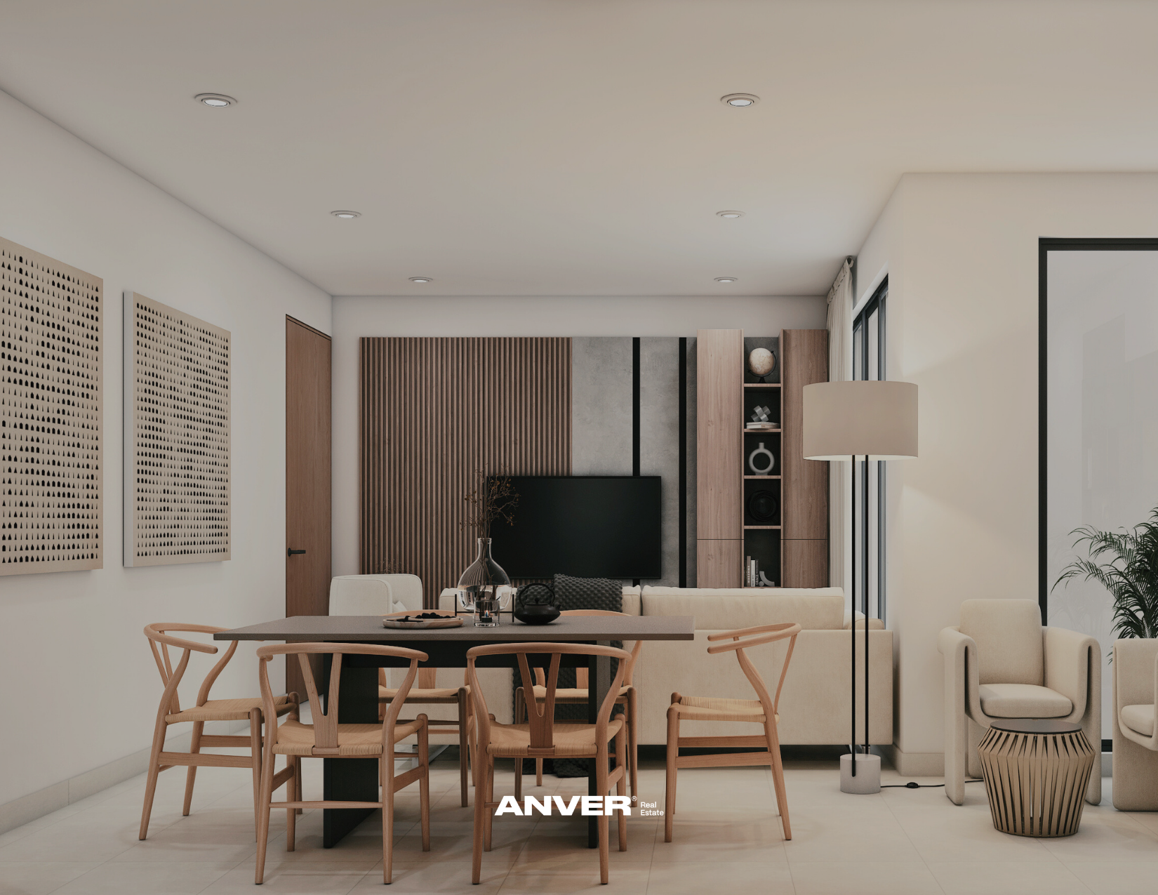Interior moderno de sala de estar y comedor, con muebles de madera clara, paredes blancas, decoración minimalista, y ventanas grandes.