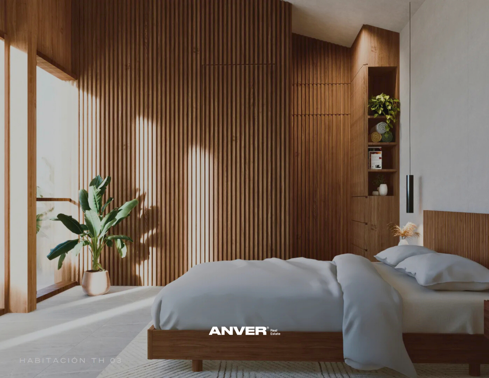 Habitación moderna con paredes de madera, cama con ropa blanca, planta en maceta y estantería con plantas y decoraciones