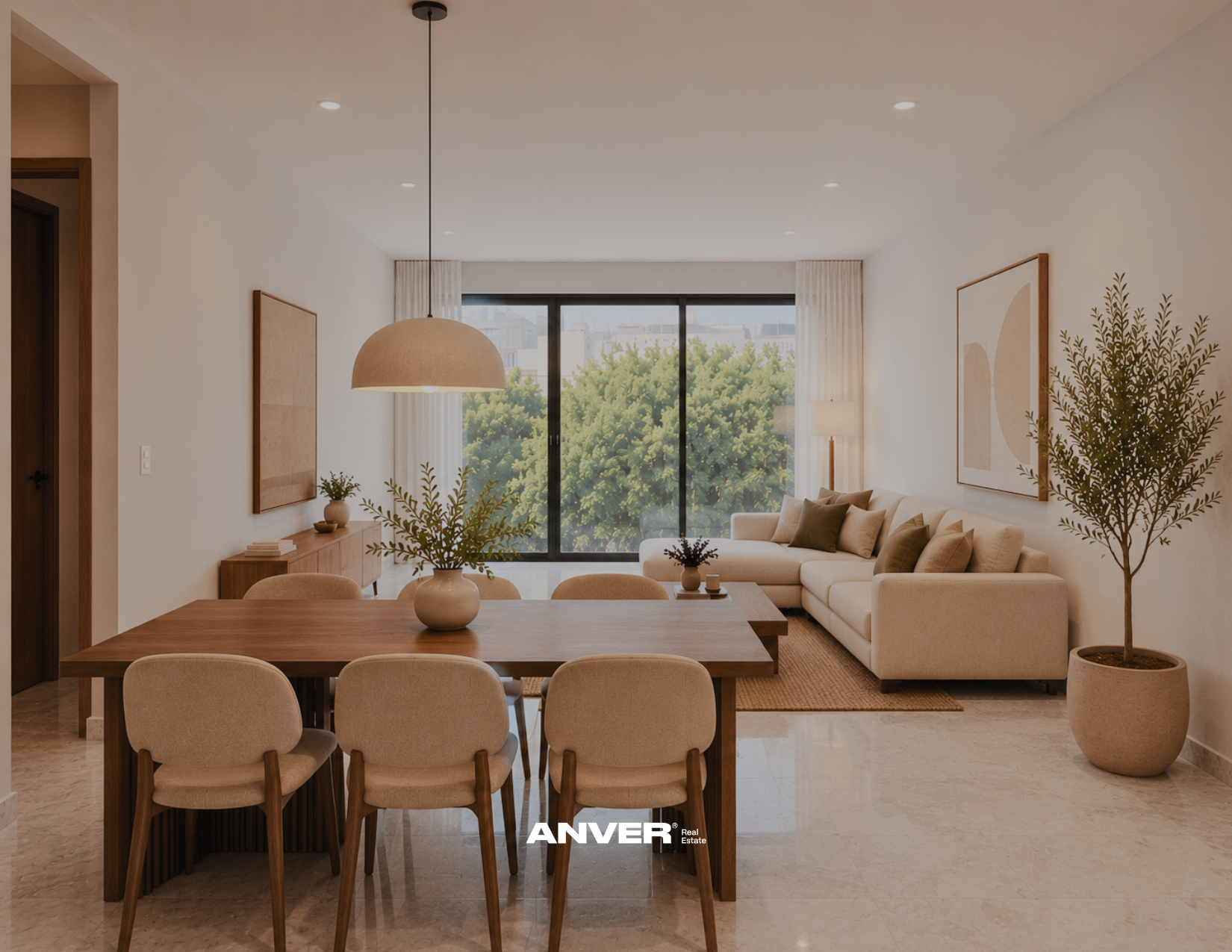 Sala de estar luminosa con comedor de madera, sofá beige con cojines y plantas decorativas, vista a árboles a través de ventana grande, decoración moderna en tonos neutros.