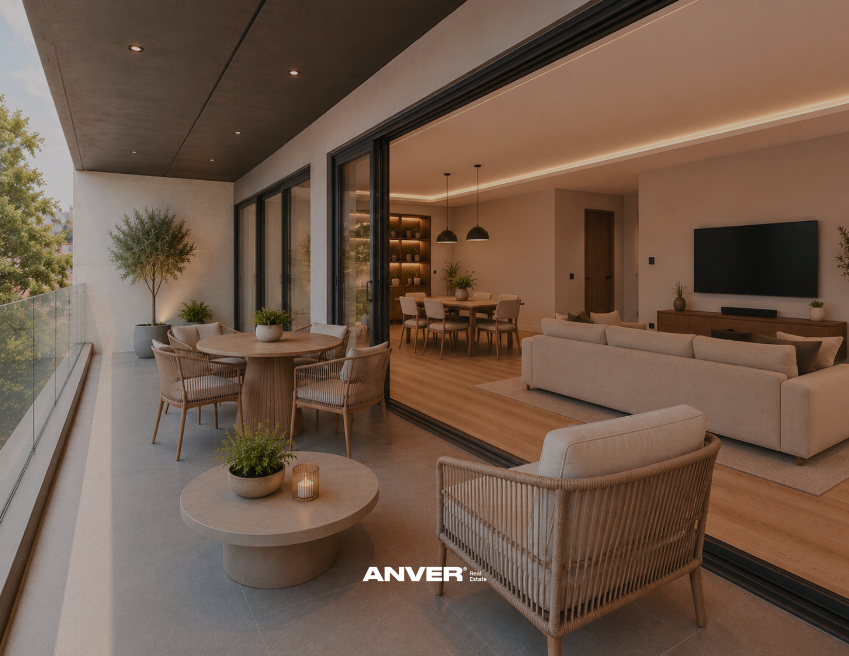 Balcón o terraza con muebles de exterior, plantas y vista a un área interior moderna con sala de estar, comedor y piso de madera.