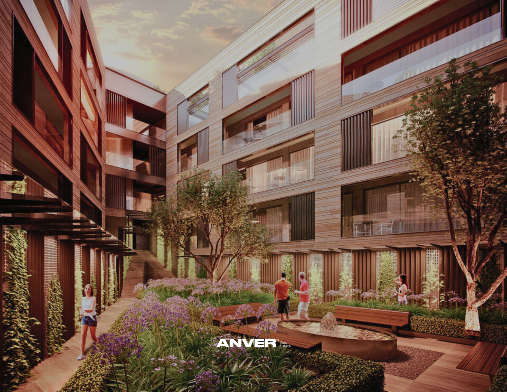 Vista de un patio interior con jardines, con personas caminando y conversando, entre edificios modernos de múltiples pisos con ventanas grandes y fachadas de madera