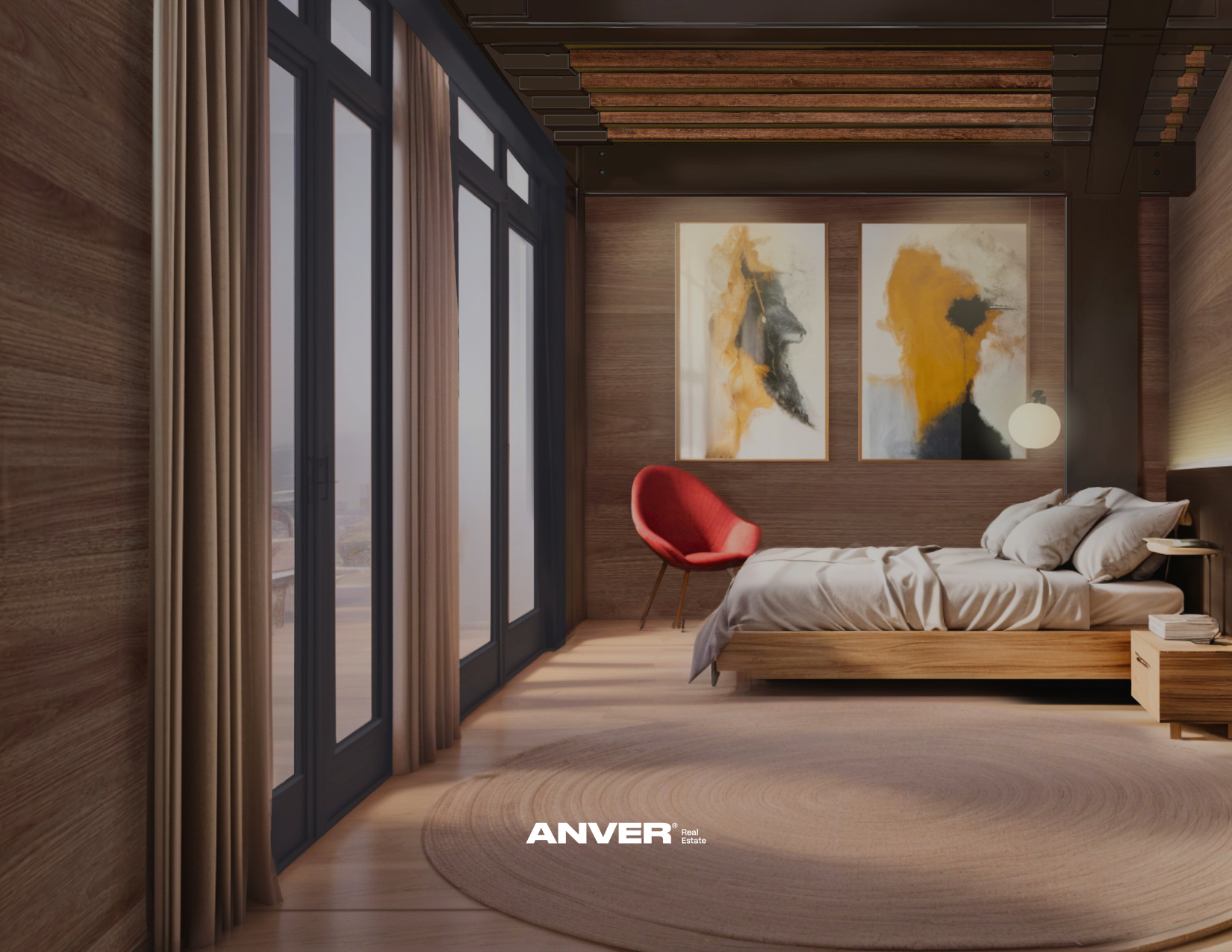 Habitación moderna con paredes de madera, cama con ropa blanca, planta, alfombra beige, sillón rojo, pintura abstracta y ventana grande con cortinas beige.
