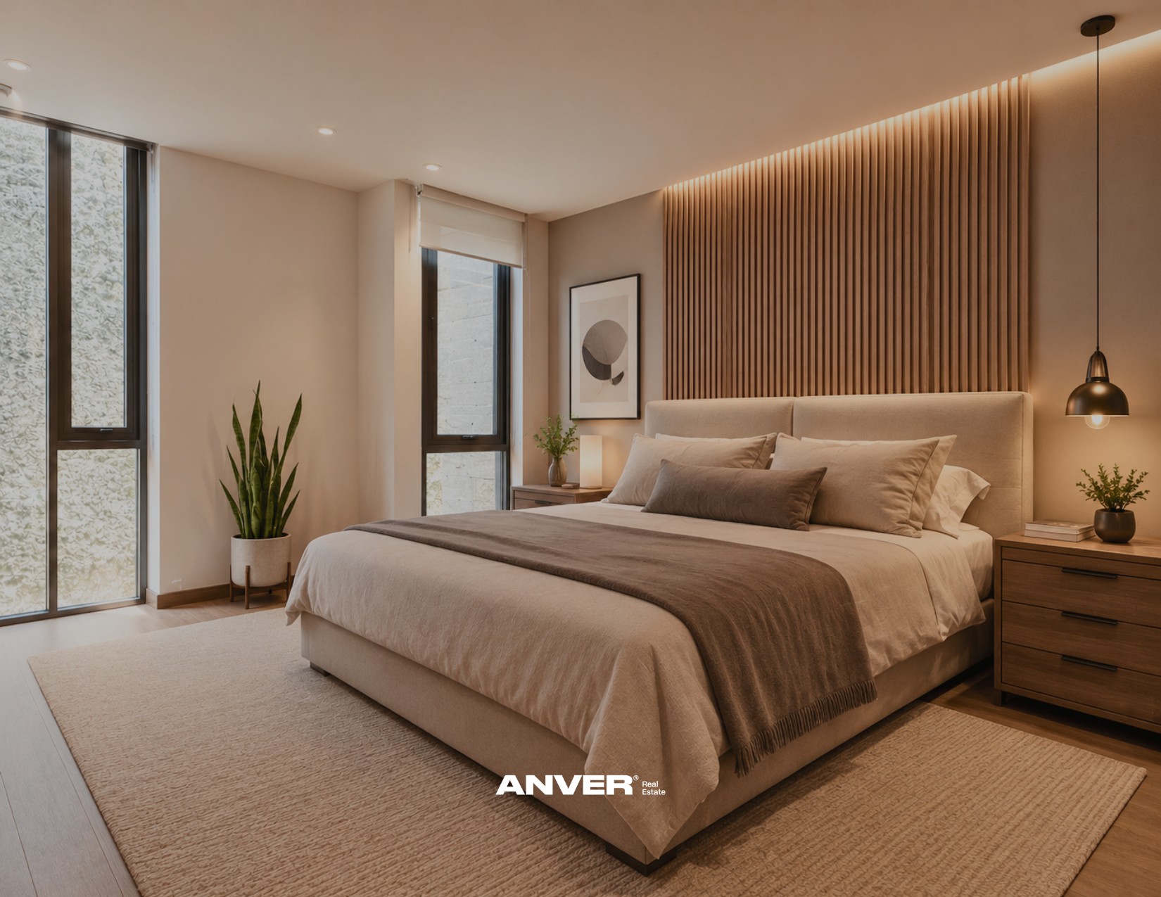 Dormitorio moderno con cama grande, paredes de madera, ventanas grandes, plantas y arte decorativo.