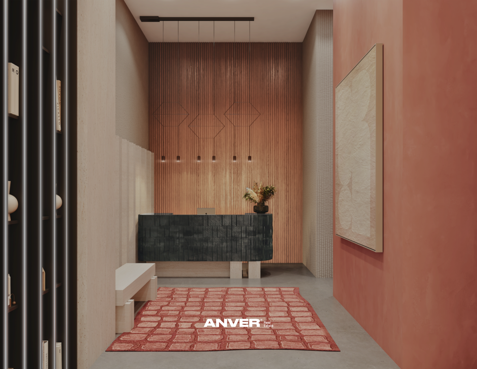 Vestíbulo de recepción con pared de madera, escritorio negro con flores, alfombra roja, paredes en tonos cálidos y decoración moderna.
