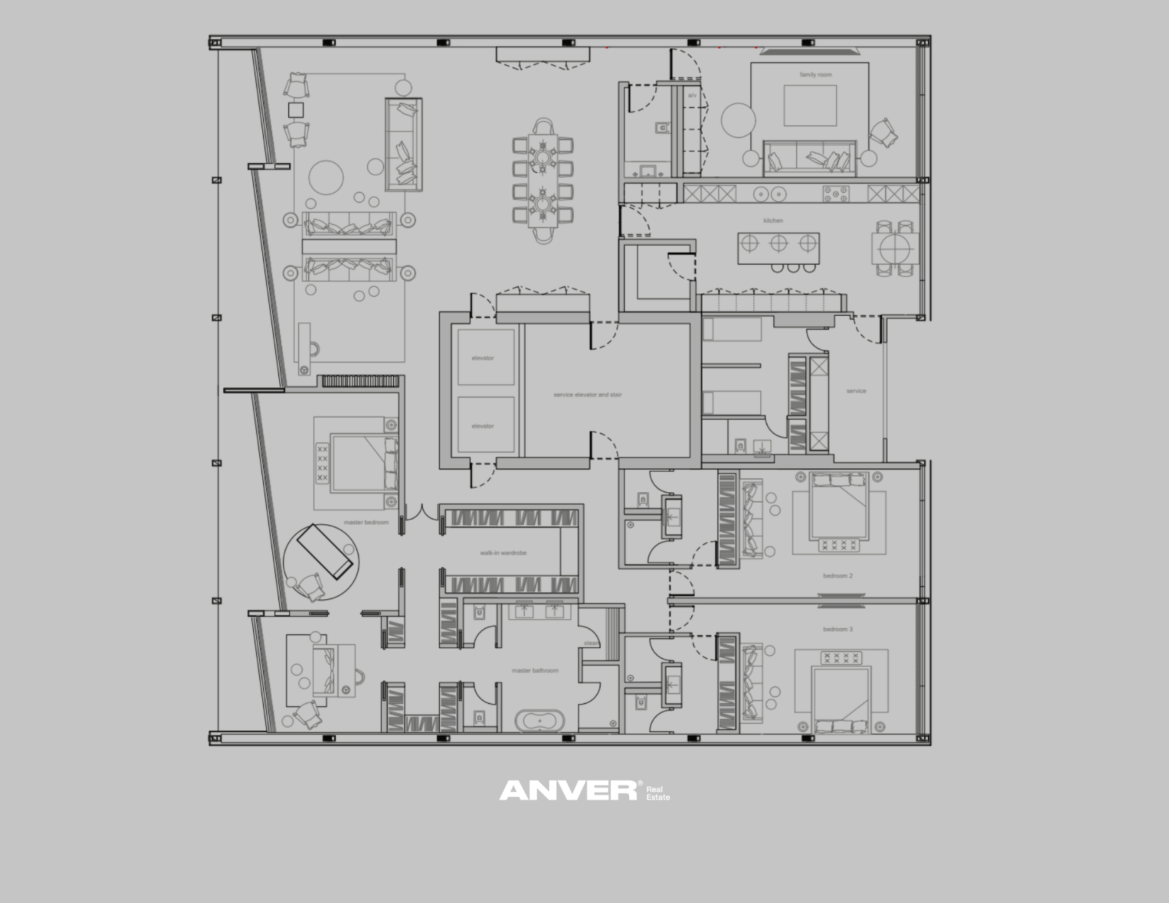 Plano arquitectónico de una vivienda residencial con distribución de habitaciones, baños, sala, comedor, cocina y áreas de servicio.