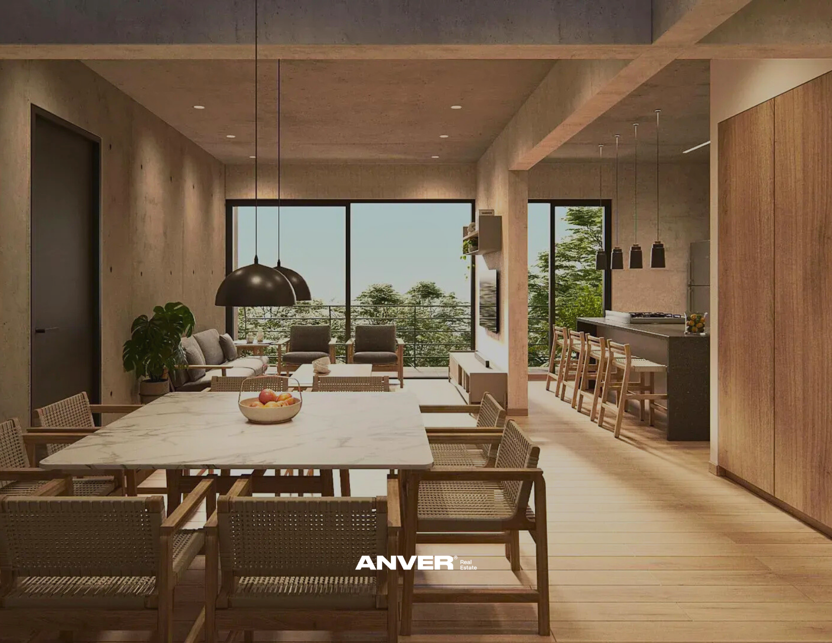 Interior moderno de vivienda con comedor, sala de estar y cocina con vista a árboles y cielo desde grandes ventanas. Decoración minimalista con muebles de madera y iluminación moderna.