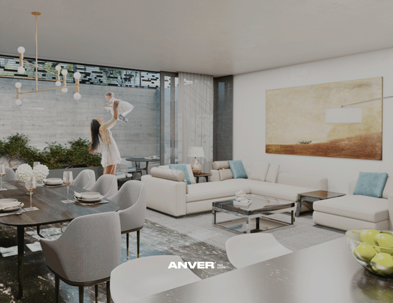 Sala de estar moderna con comedor, muebles blancos, una mujer levanta a un niño, decoración minimalista y luminosa, con un cuadro grande en la pared y plantas.