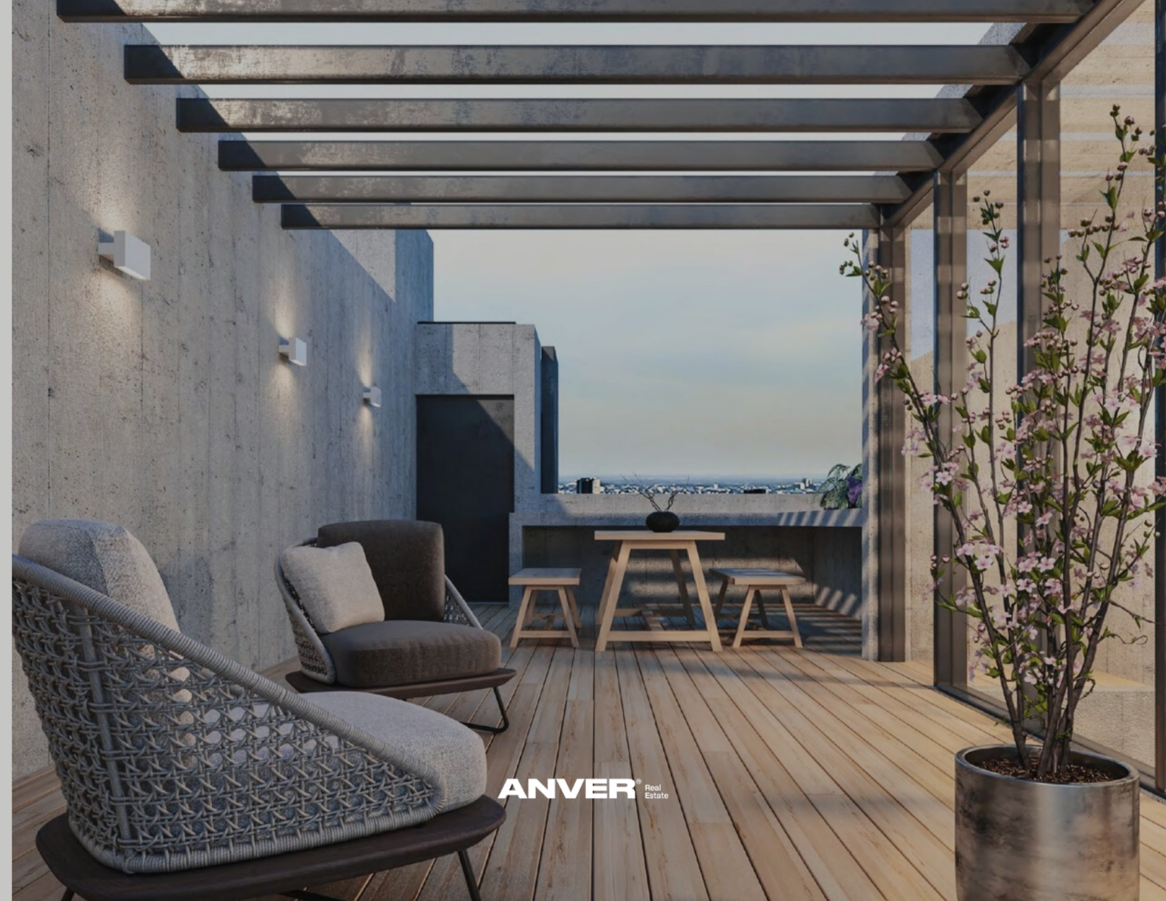 Terraza moderna con muebles de exterior de madera, una planta y vista urbana en el fondo.