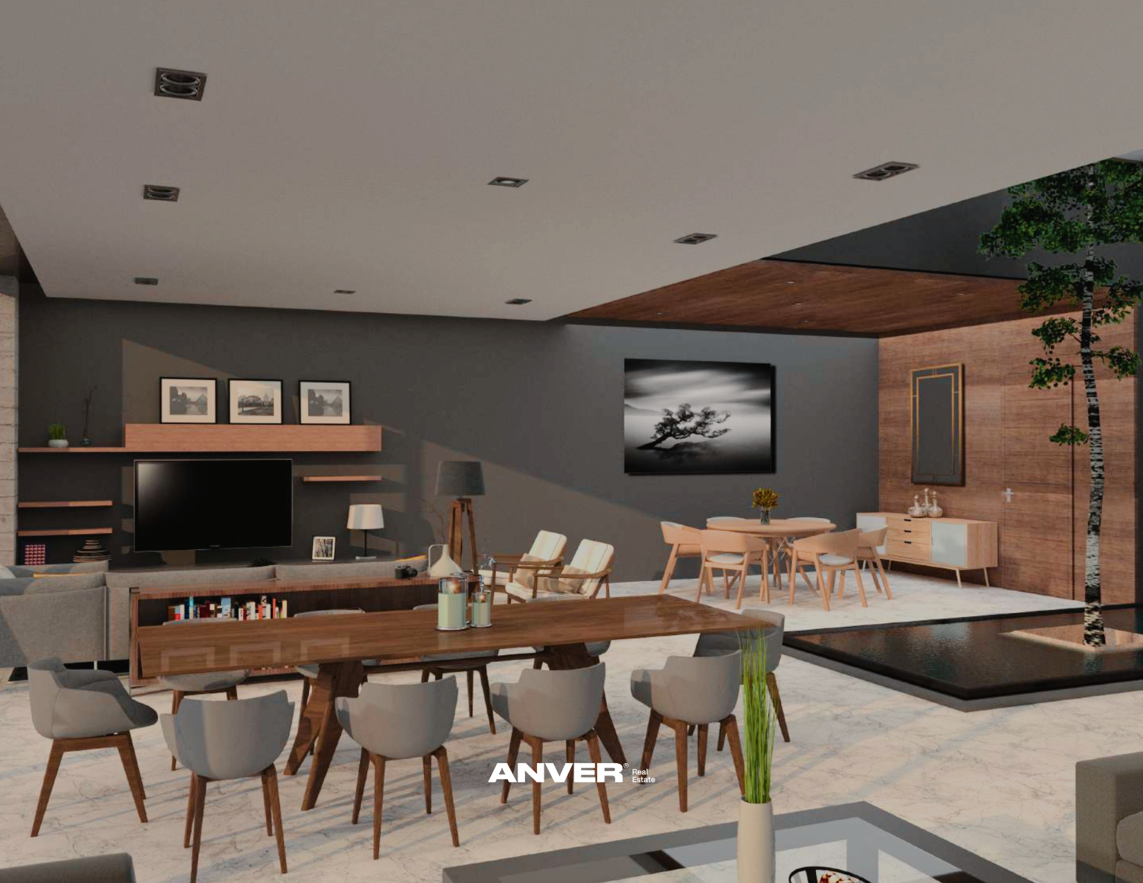Interior de sala moderna con muebles de madera, una mesa de comedor con sillas, televisor, cuadros en la pared y detalles decorativos en tonos beige, gris y madera.