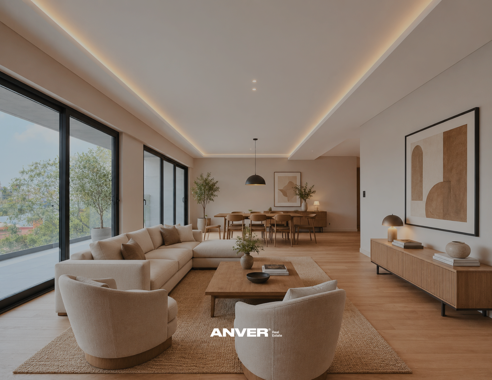 Sala de estar moderna con sofá beige, sillones, mesa de centro de madera y decoración minimalista, ventanas grandes con vista a áreas verdes, y comedor con mesa y sillas en el fondo, todo en tonos neutros y naturales.