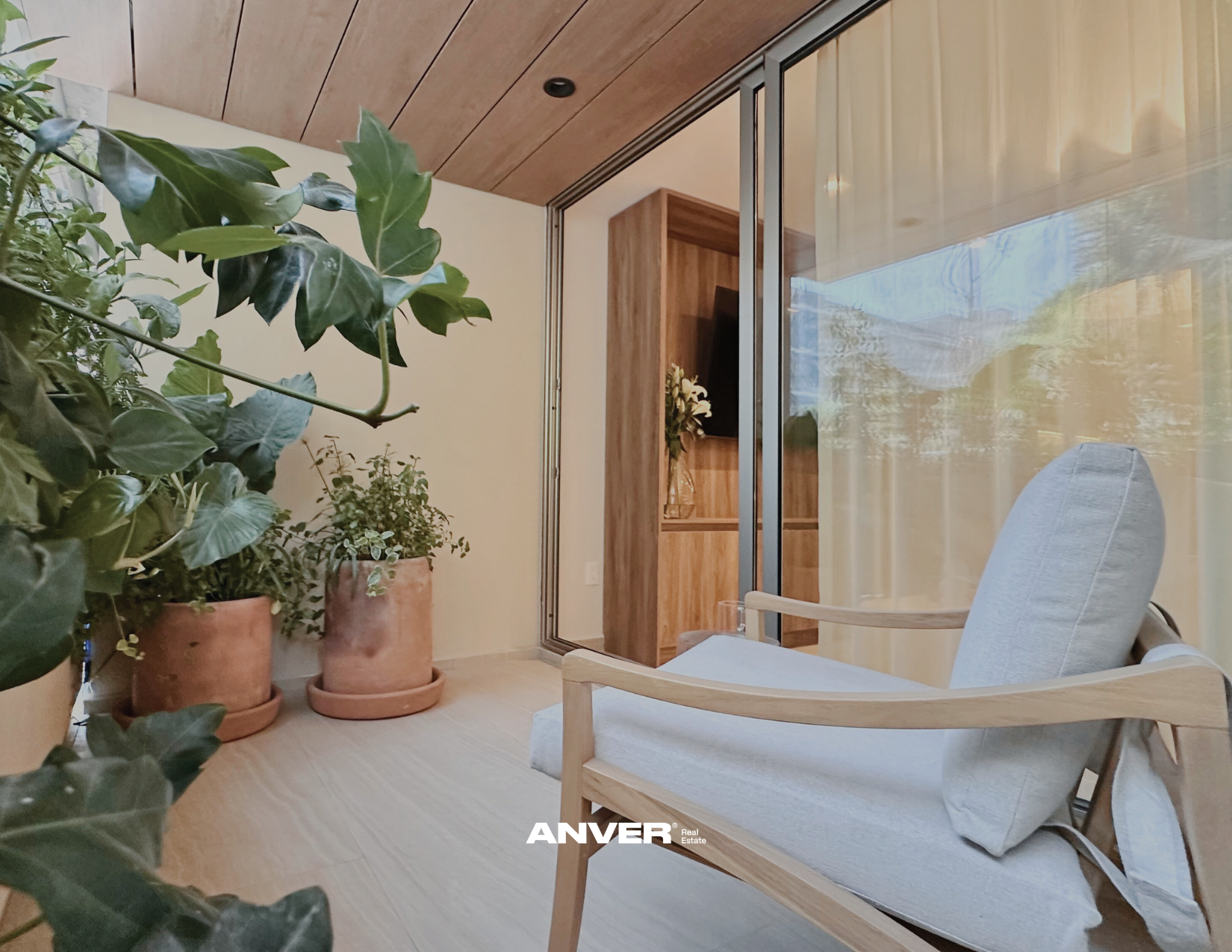 Sala moderna con sillón de madera y cojín gris, plantas en macetas de terracota, pared de vidrio con cortinas beige, pared de madera y techo de madera