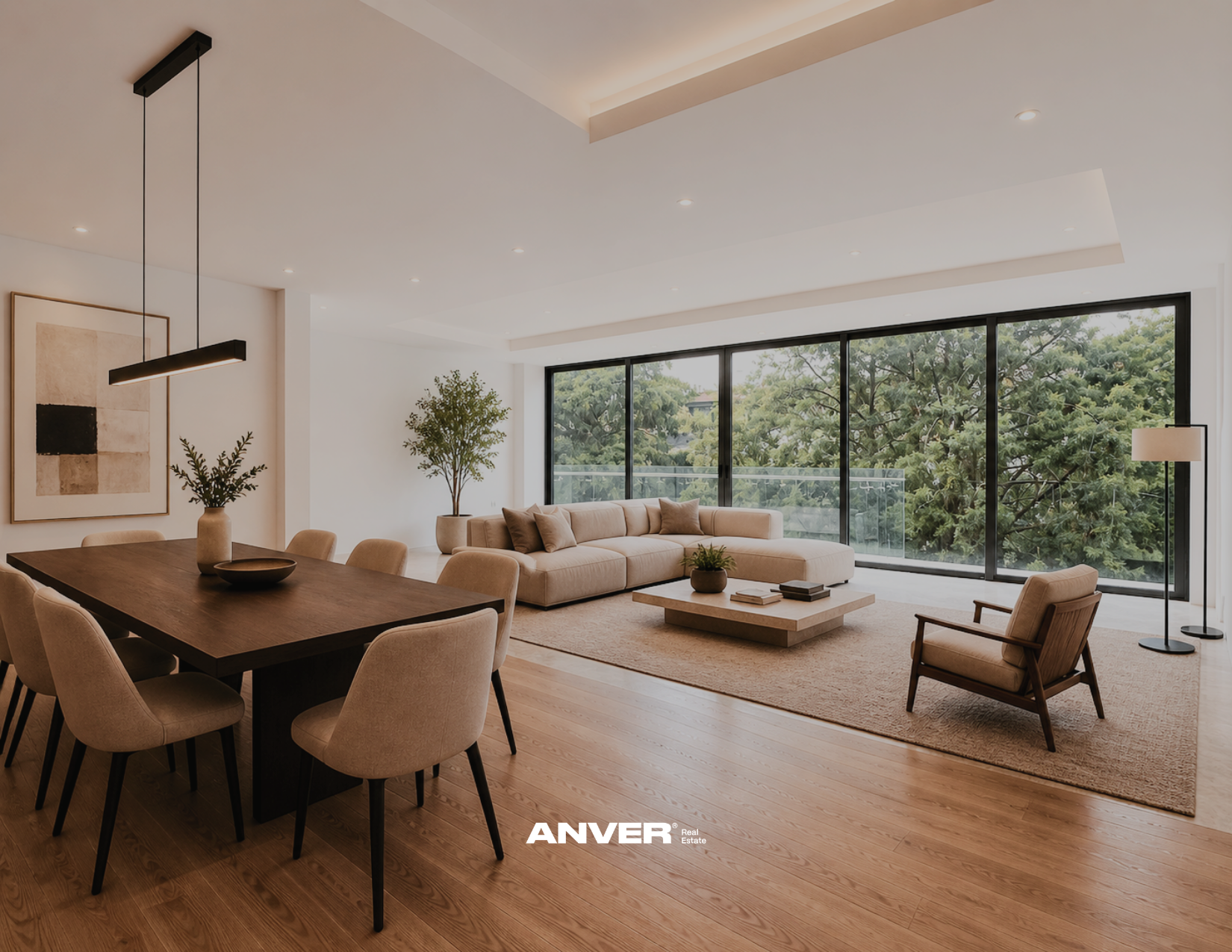Sala de estar moderna con grande ventana de vidrio, sofá beige, mesa de centro, plantas y luminarias en techo y piso.