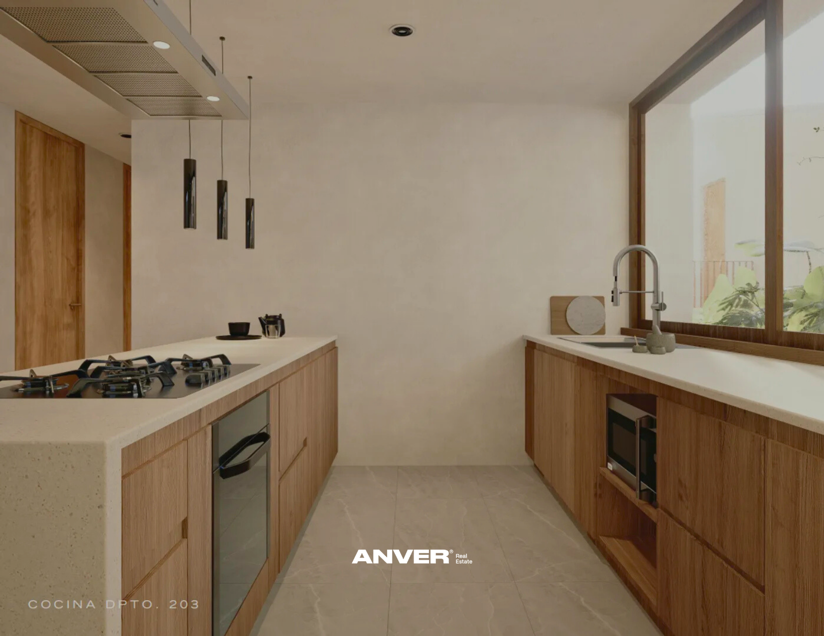 Cocina moderna con encimeras de piedra, gabinetes de madera, estufa de gas, microondas y fregadero con vista a un balcón con plantas.