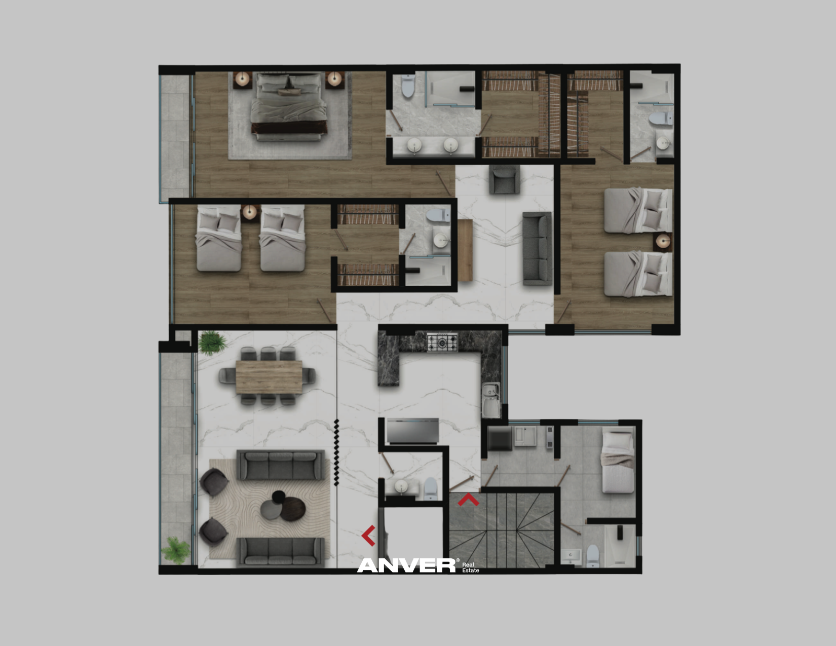 Plano de una residencia con varias habitaciones, sala de estar, comedor y áreas de cocina, decoradas en estilos modernos con pisos de madera y mármol.